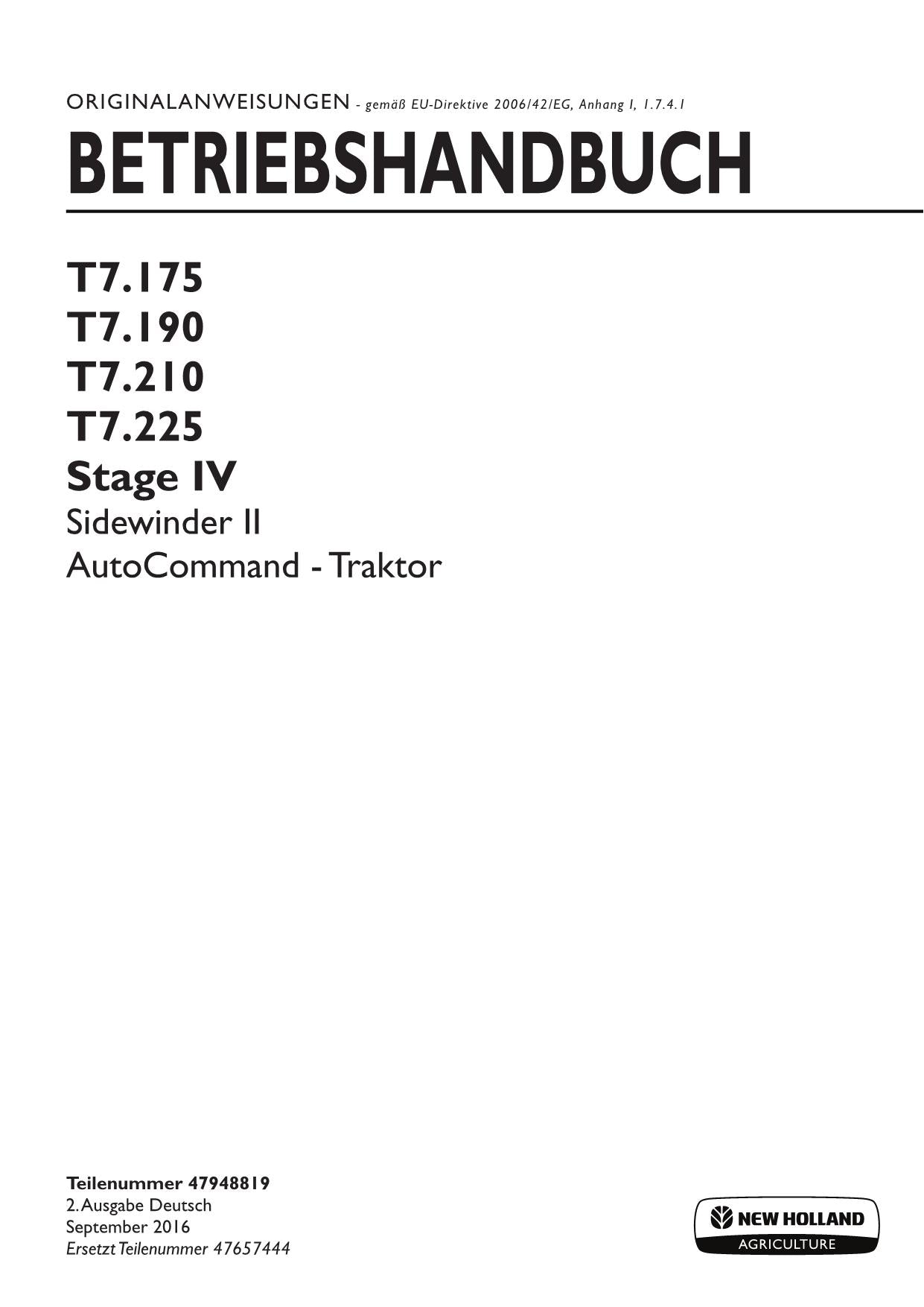 New Holland T7.175 T7.190 T7.210 T7.225 SIDEWINDER2 manuel d'instructions pour tracteur