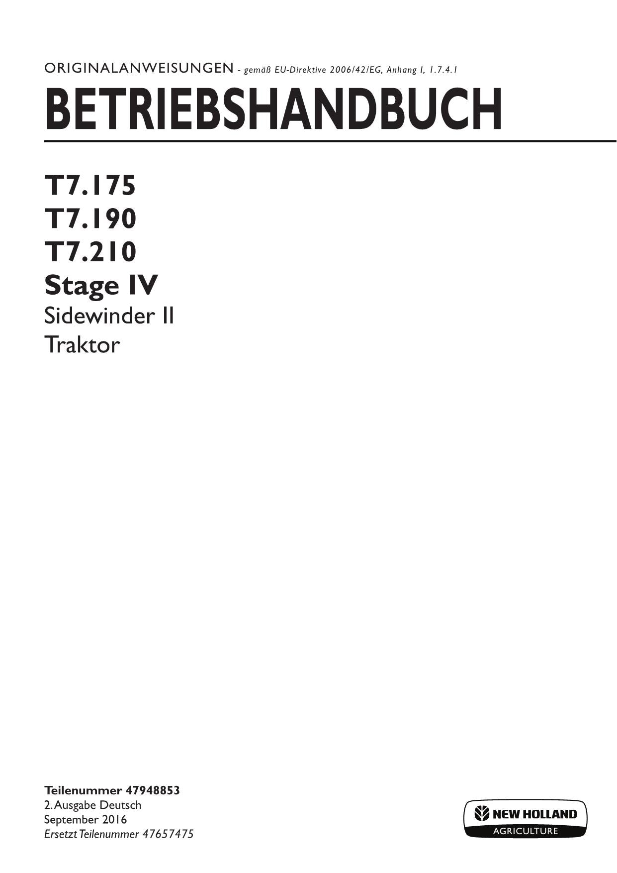 New Holland T7.175 T7.190 T7.210 STAGE 4 SIDEWINDER 2 manuel d'instructions pour tracteur