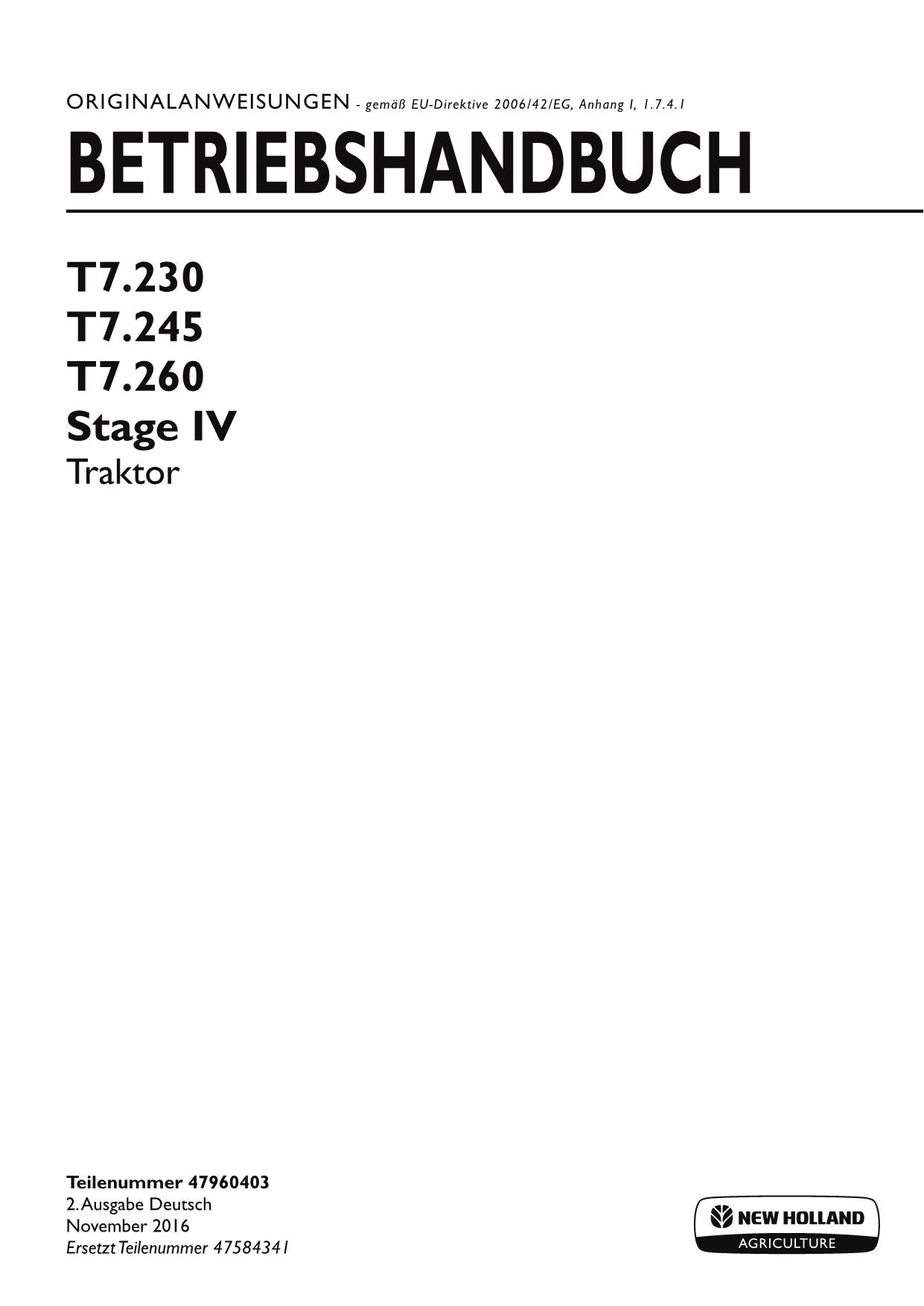 Manuel d'instructions pour tracteur New Holland T7.230 T7.245 T7.260 STAGE IV