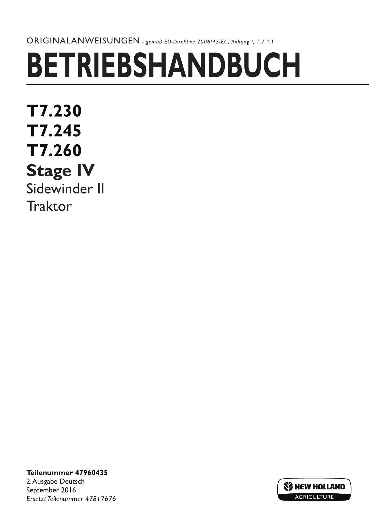 Manuel d'instructions pour tracteur New Holland T7.230 T7.245 T7.260 STAGEIV SIDEWINDER II