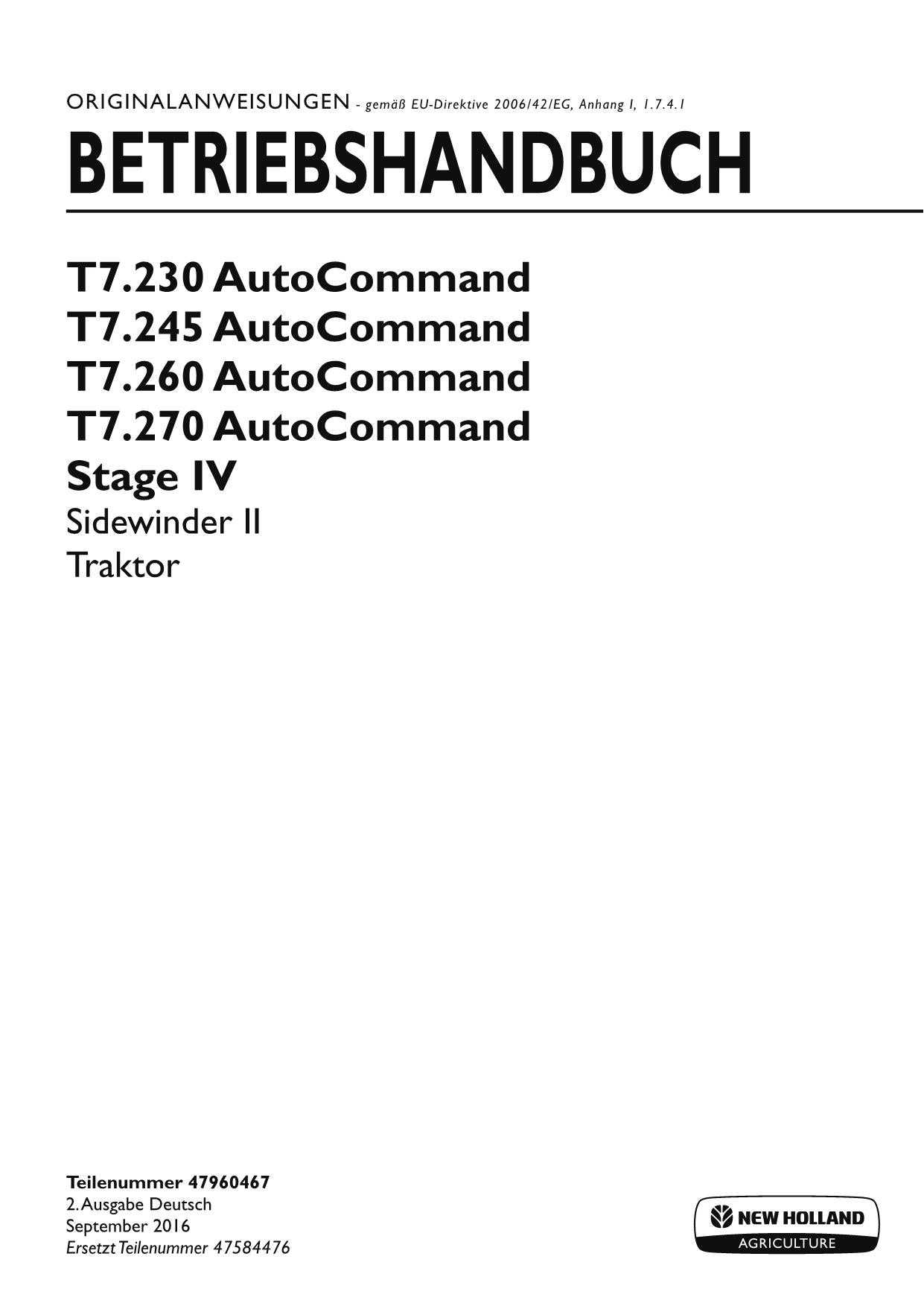 New Holland T7.230 T7.245 T7.260 T7.270 STAGE IV Traktor Betriebsanleitung
