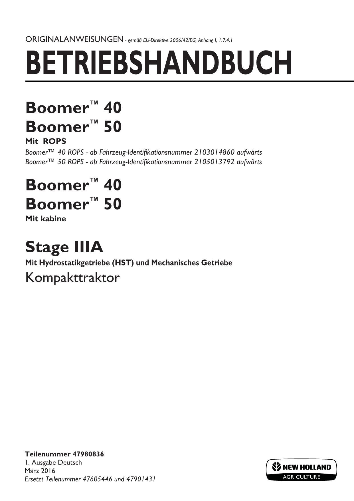 New Holland BOOMER 40 50 WITH ROPS CAB STAGE IIIA Traktor-Bedienungsanleitung