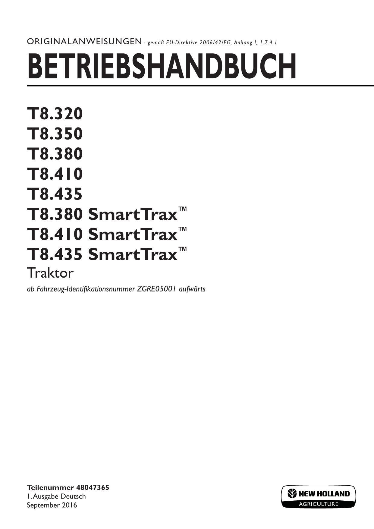 New Holland T8.320 T8.350 T8.380 T8.410 T8.435 TIER 4B Traktor Betriebsanleitung