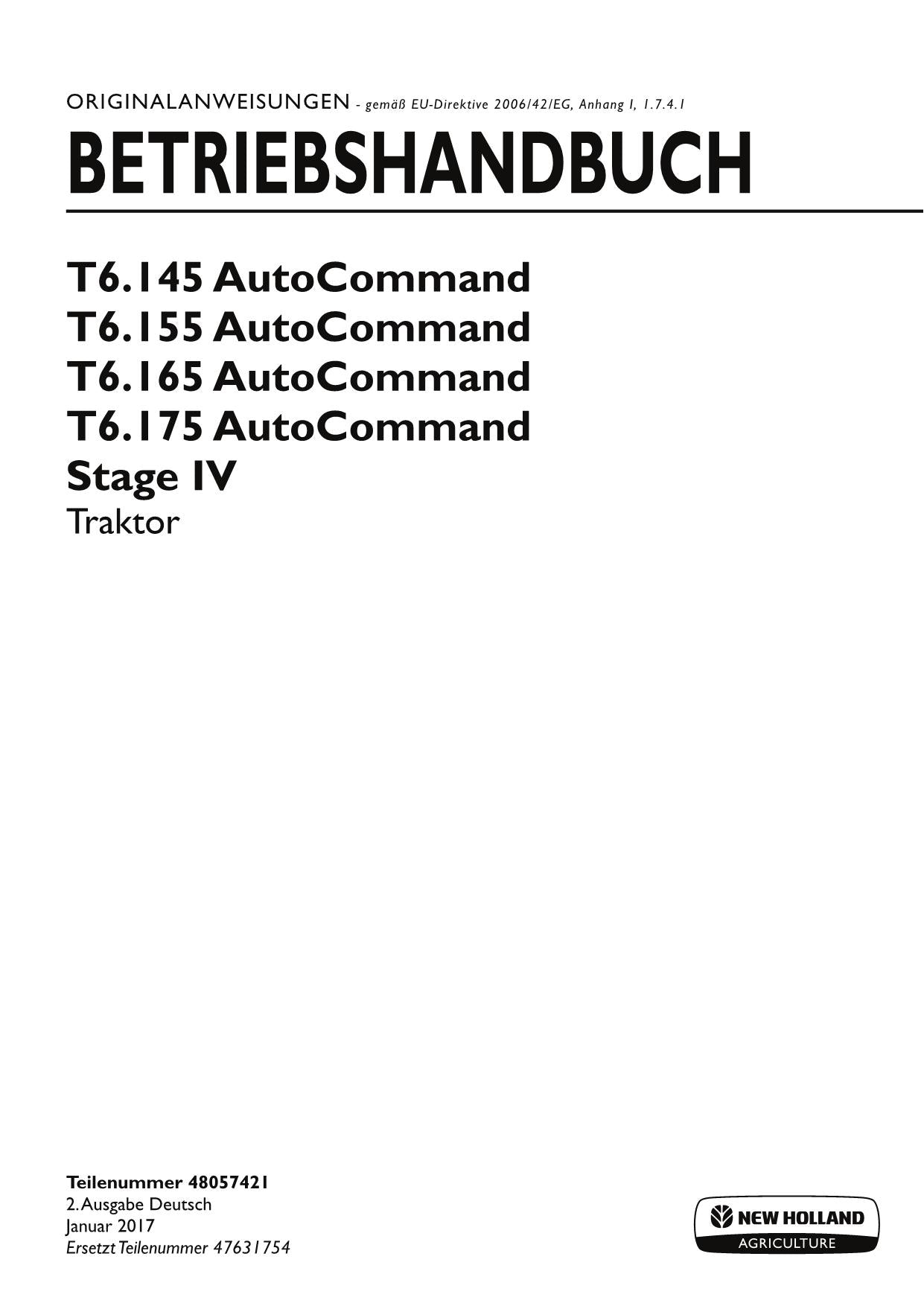 New Holland T6.145 T6.155 T6.165 T6.175 STAGE 4 manuel d'instructions pour tracteur