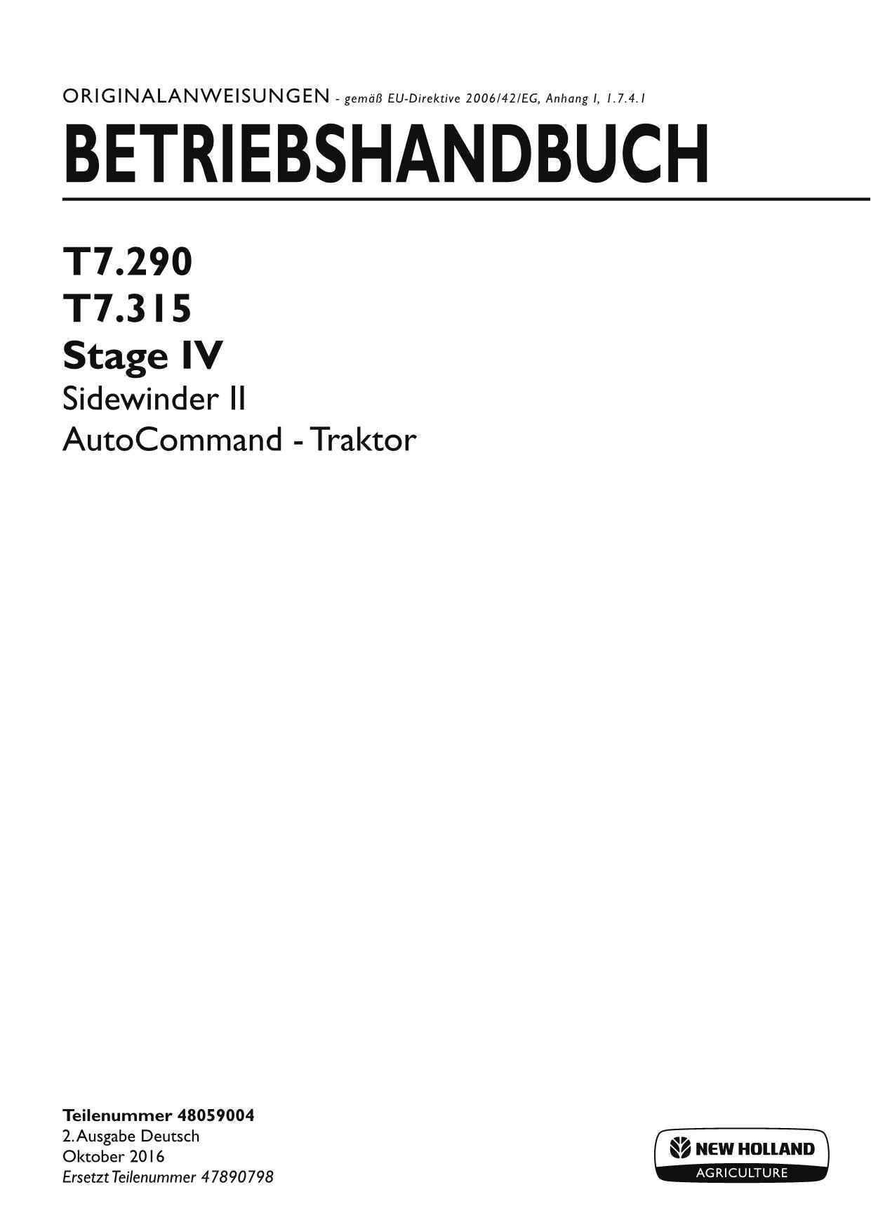 New Holland T7.290 T7.315 STAGE IV SIDEWINDER II Traktor Betriebsanleitung