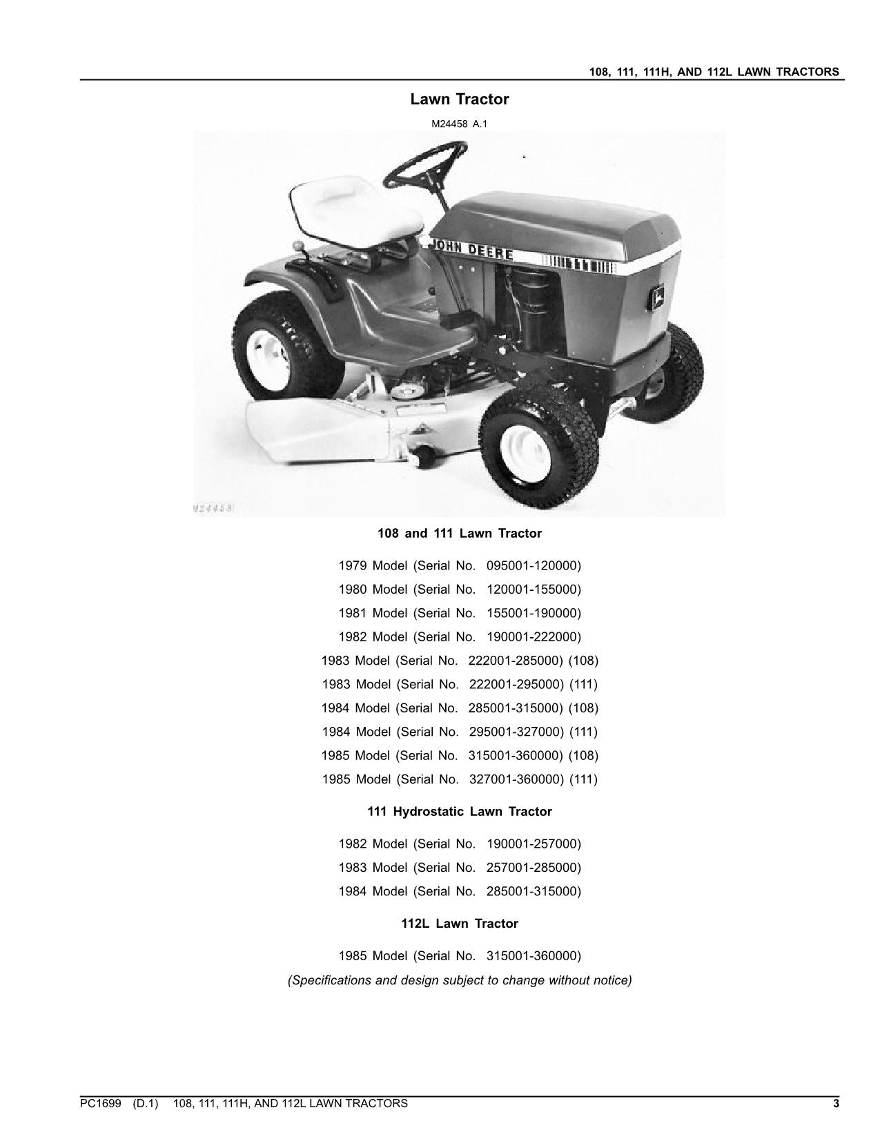 JOHN DEERE 108 111 111H 112L TRAKTOR TEILEKATALOGHANDBUCH