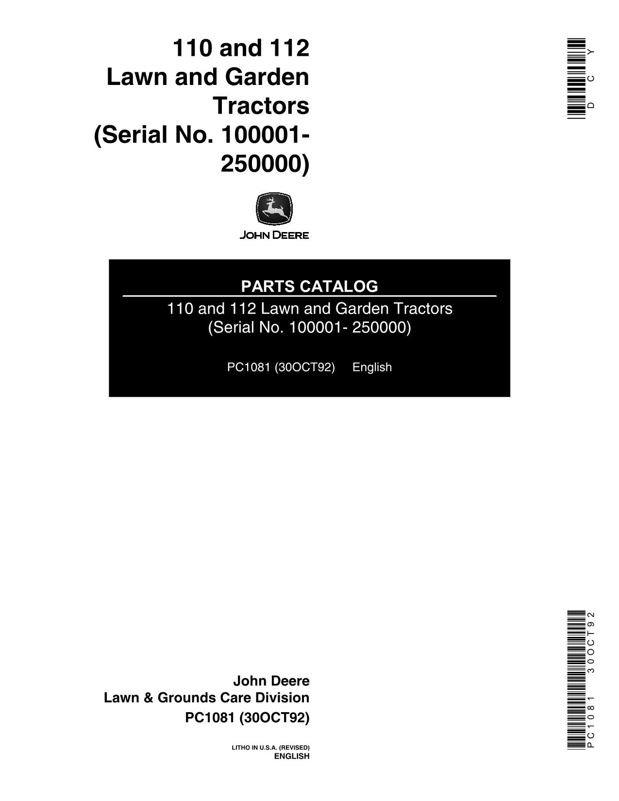 JOHN DEERE 110 112 112H 110H TRACTOR PARTS CATALOG MANUAL