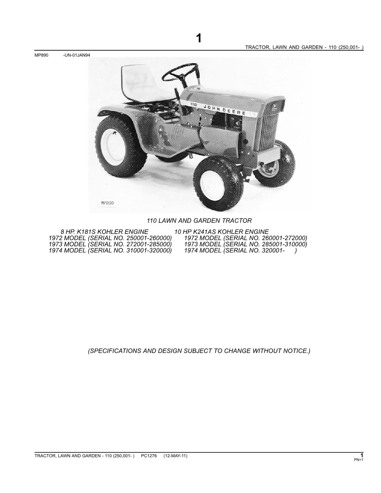 JOHN DEERE 110 110H TRACTOR PARTS CATALOG MANUAL #1