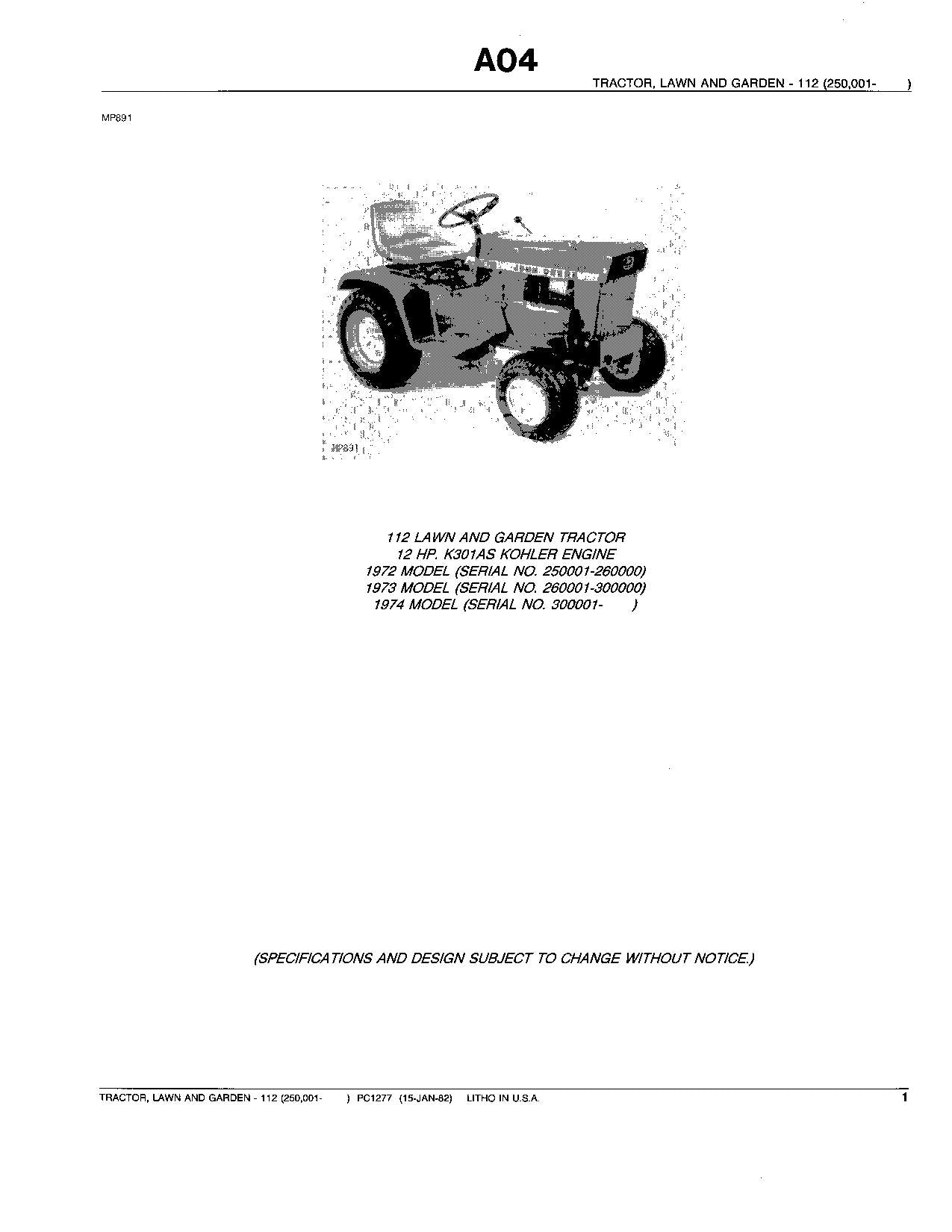 JOHN DEERE 112 TRAKTOR ERSATZTEILKATALOGHANDBUCH