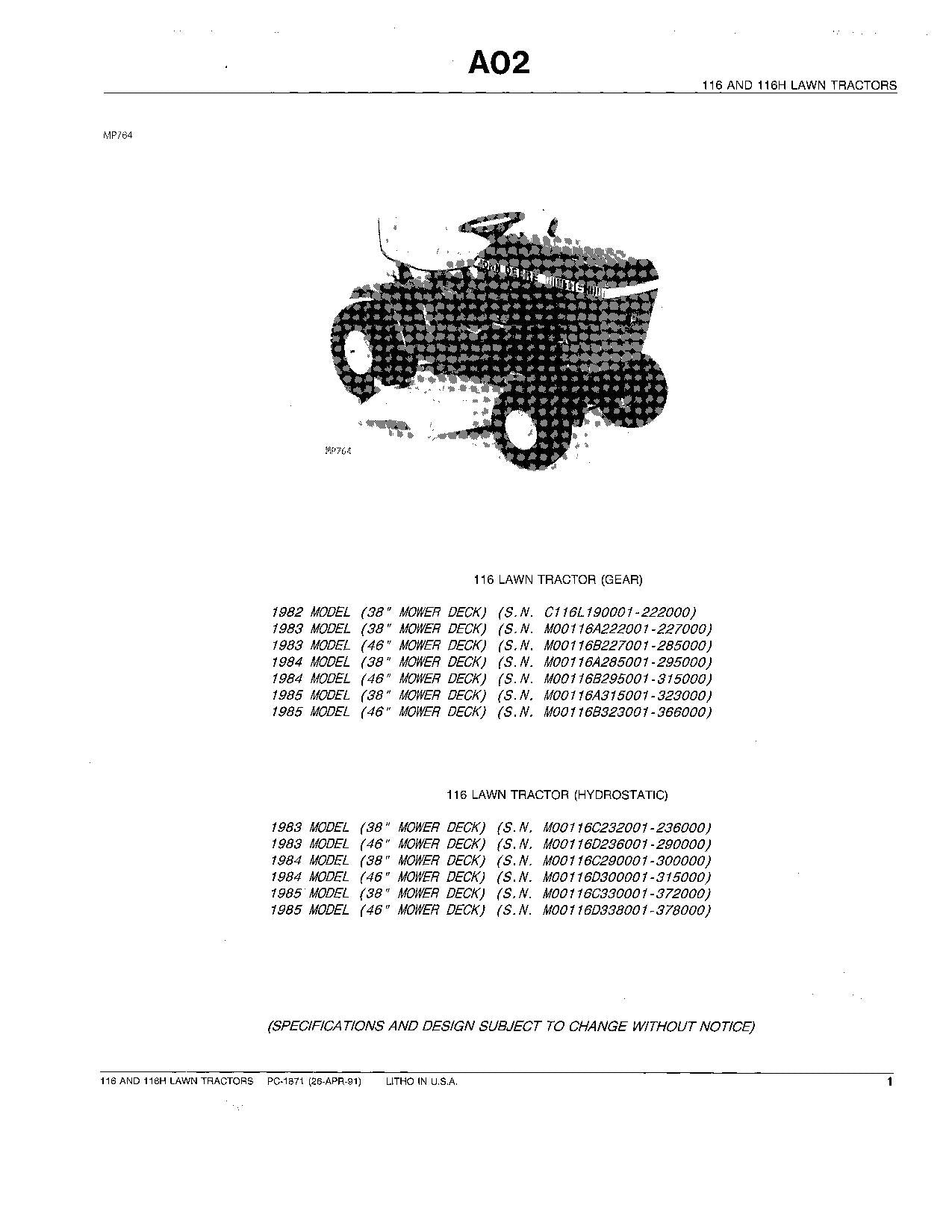 MANUEL DU CATALOGUE DES PIÈCES DE RECHANGE POUR TRACTEUR JOHN DEERE 38 46 POUCES 116 116H