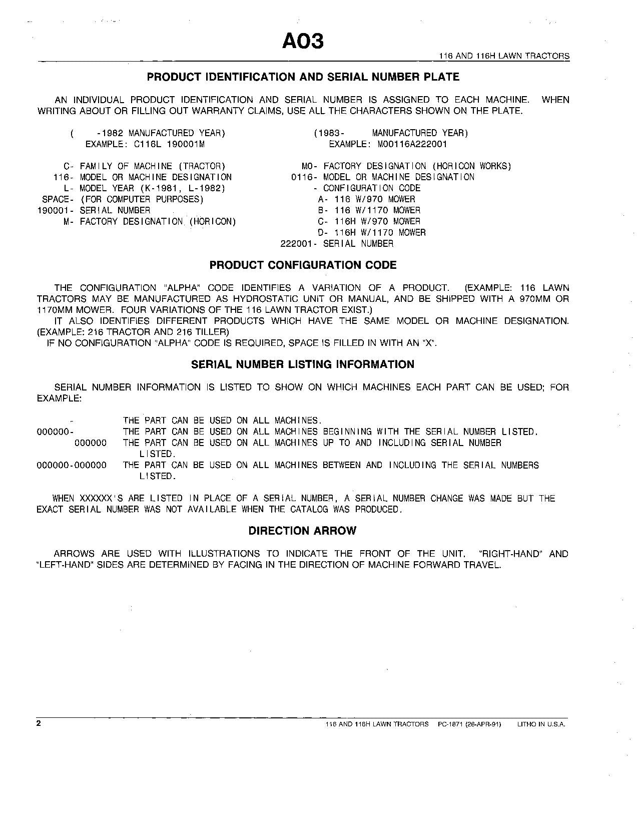 MANUEL DU CATALOGUE DES PIÈCES DE RECHANGE POUR TRACTEUR JOHN DEERE 38 46 POUCES 116 116H