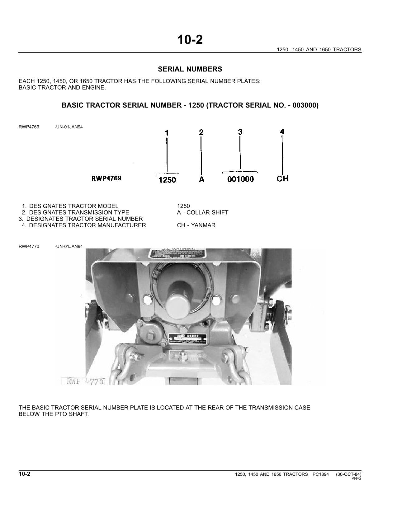 JOHN DEERE 1250 1450 1650 TRACTOR PARTS CATALOG MANUAL