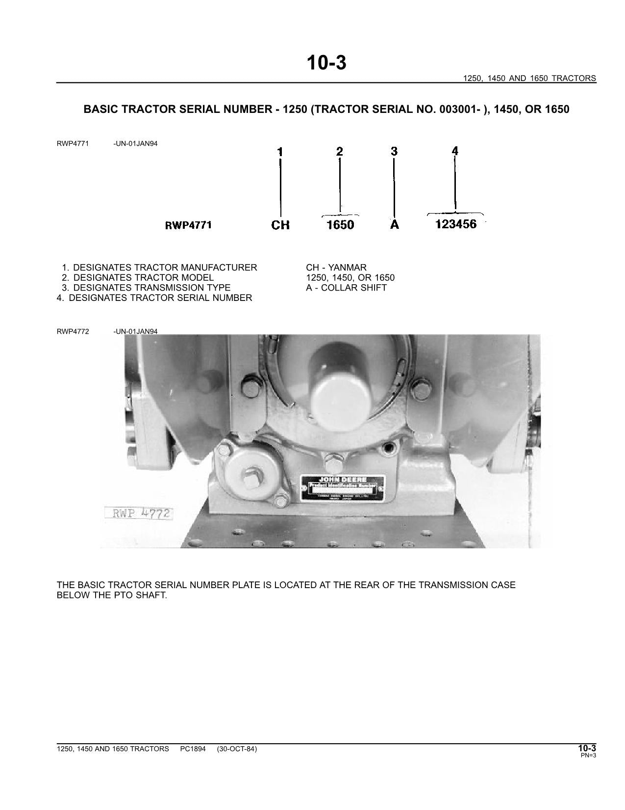 JOHN DEERE 1250 1450 1650 TRACTOR PARTS CATALOG MANUAL