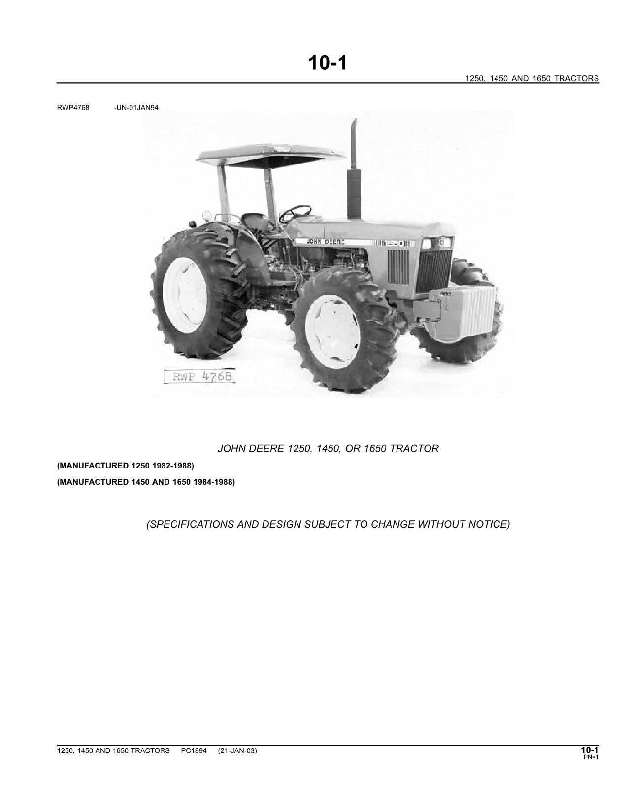 JOHN DEERE 1250 1450 1650 TRACTOR PARTS CATALOG MANUAL