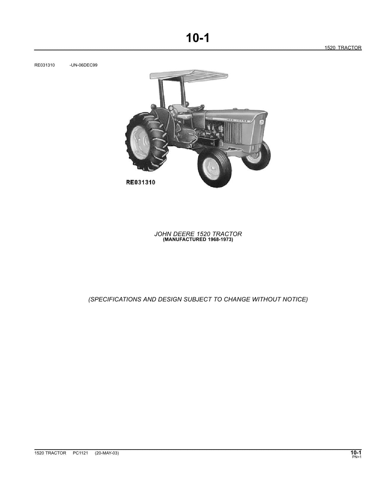 JOHN DEERE 1520 TRACTOR PARTS CATALOG MANUAL