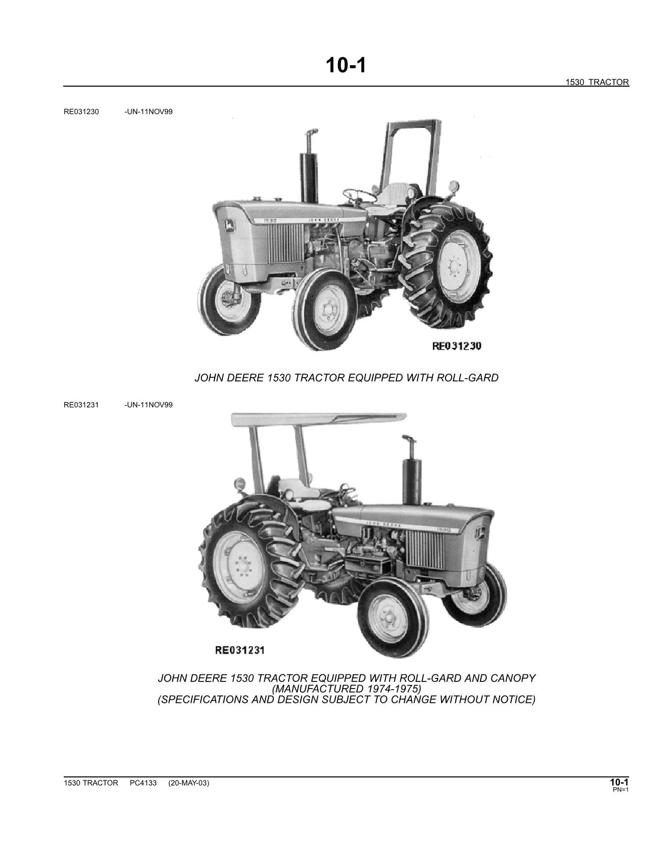 JOHN DEERE 1530 TRACTOR PARTS CATALOG MANUAL