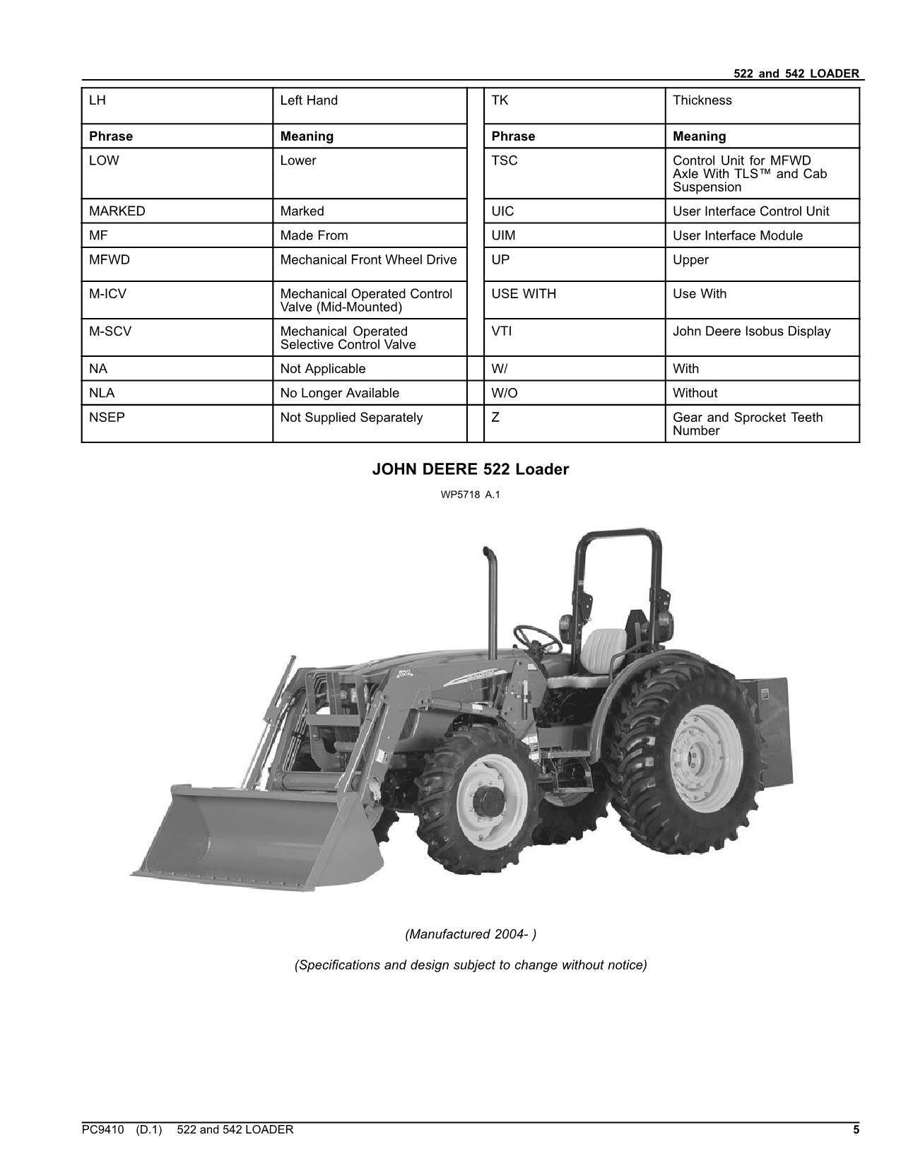 JOHN DEERE 522 542 TRACTOR PARTS CATALOG MANUAL