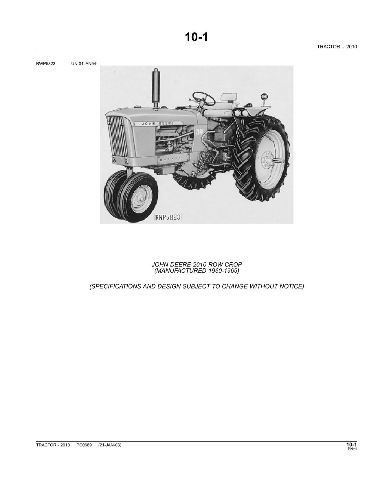 JOHN DEERE 2010 TRACTOR PARTS CATALOG MANUAL #1