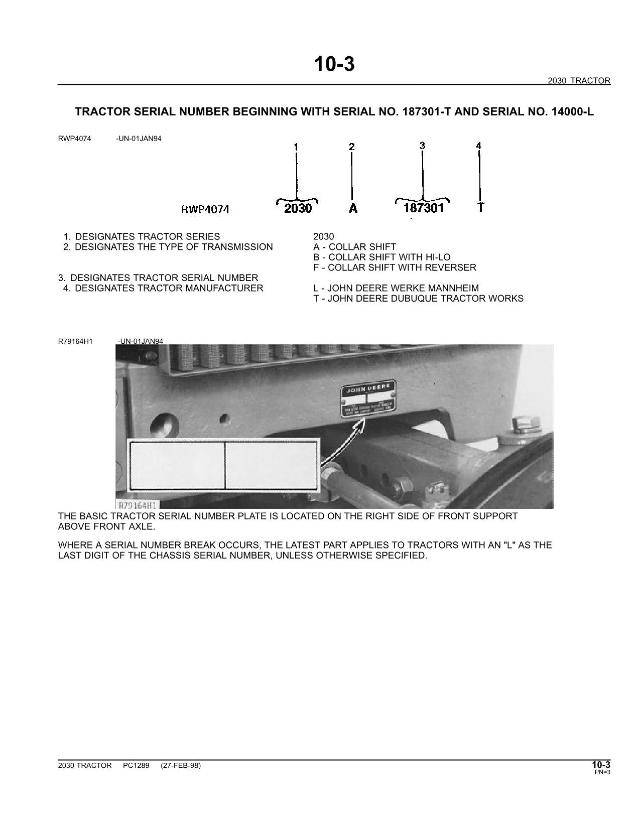 JOHN DEERE 2030 TRACTOR PARTS CATALOG MANUAL