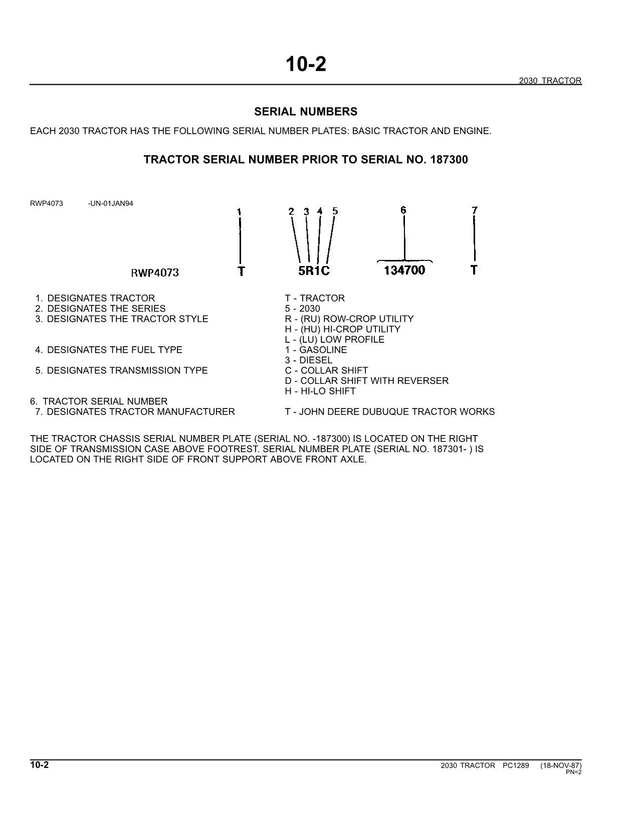 JOHN DEERE 2030 TRACTOR PARTS CATALOG MANUAL