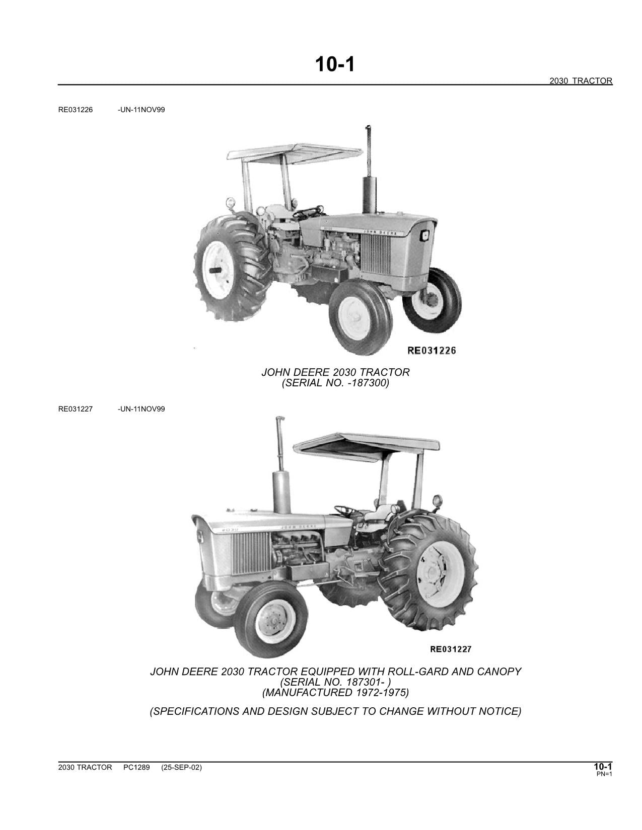 JOHN DEERE 2030 TRACTOR PARTS CATALOG MANUAL