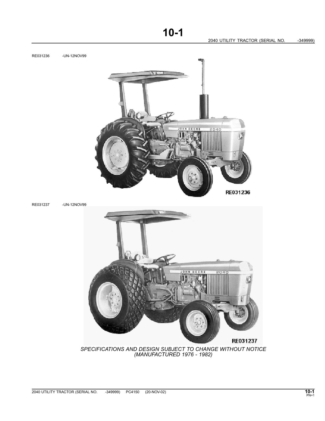 JOHN DEERE 2040 TRACTOR PARTS CATALOG MANUAL #1