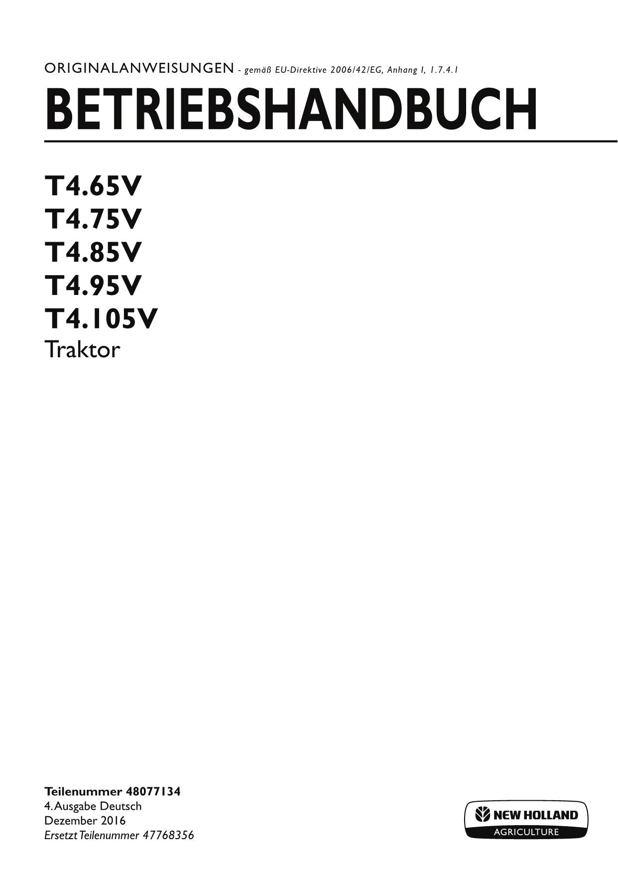 New Holland T4.65V T4.75V T4.85V T4.95V T4.105V Traktor-Betriebsanleitung