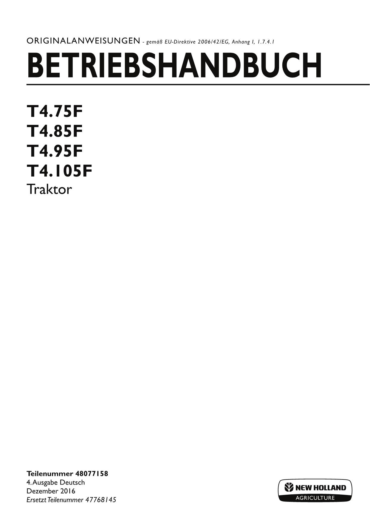 Manuel d'utilisation du tracteur New Holland T4.75F T4.85F T4.95F T4.105F