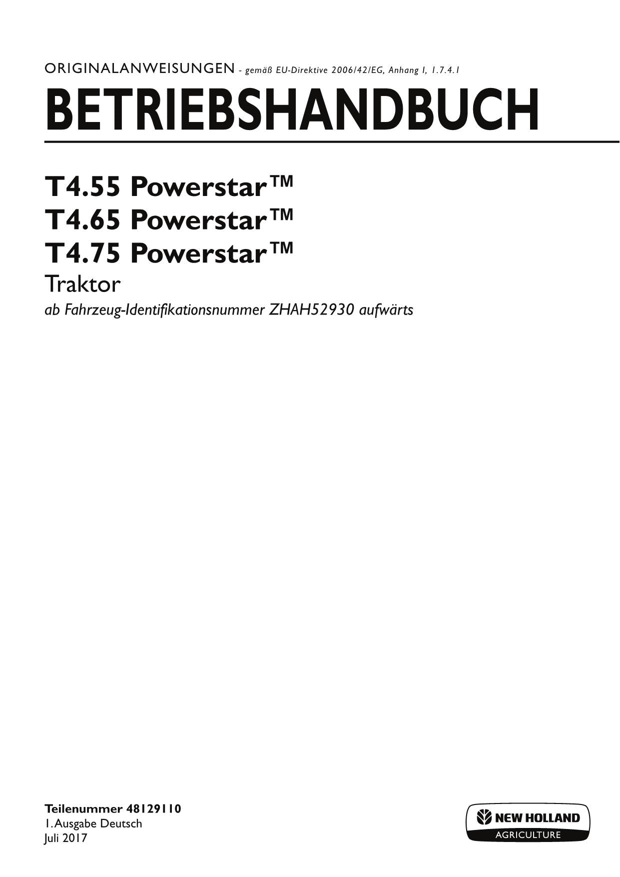 New Holland T4.55 T4.65 T4.75 Traktor Betriebsanleitung PIN ZHAH52930-