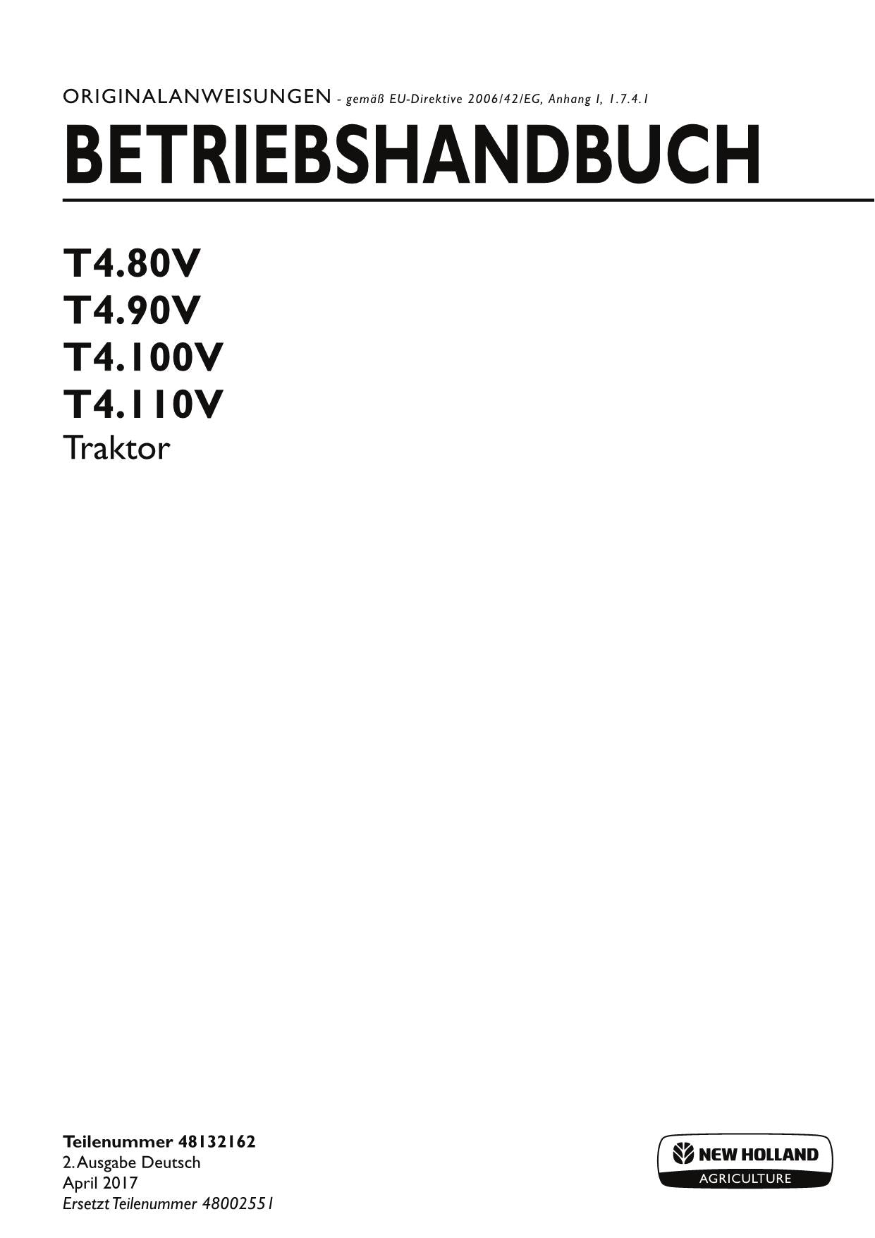 New Holland T4.80V T4.90V T4.100V T4.110V Traktor-Betriebsanleitung Nr. 2