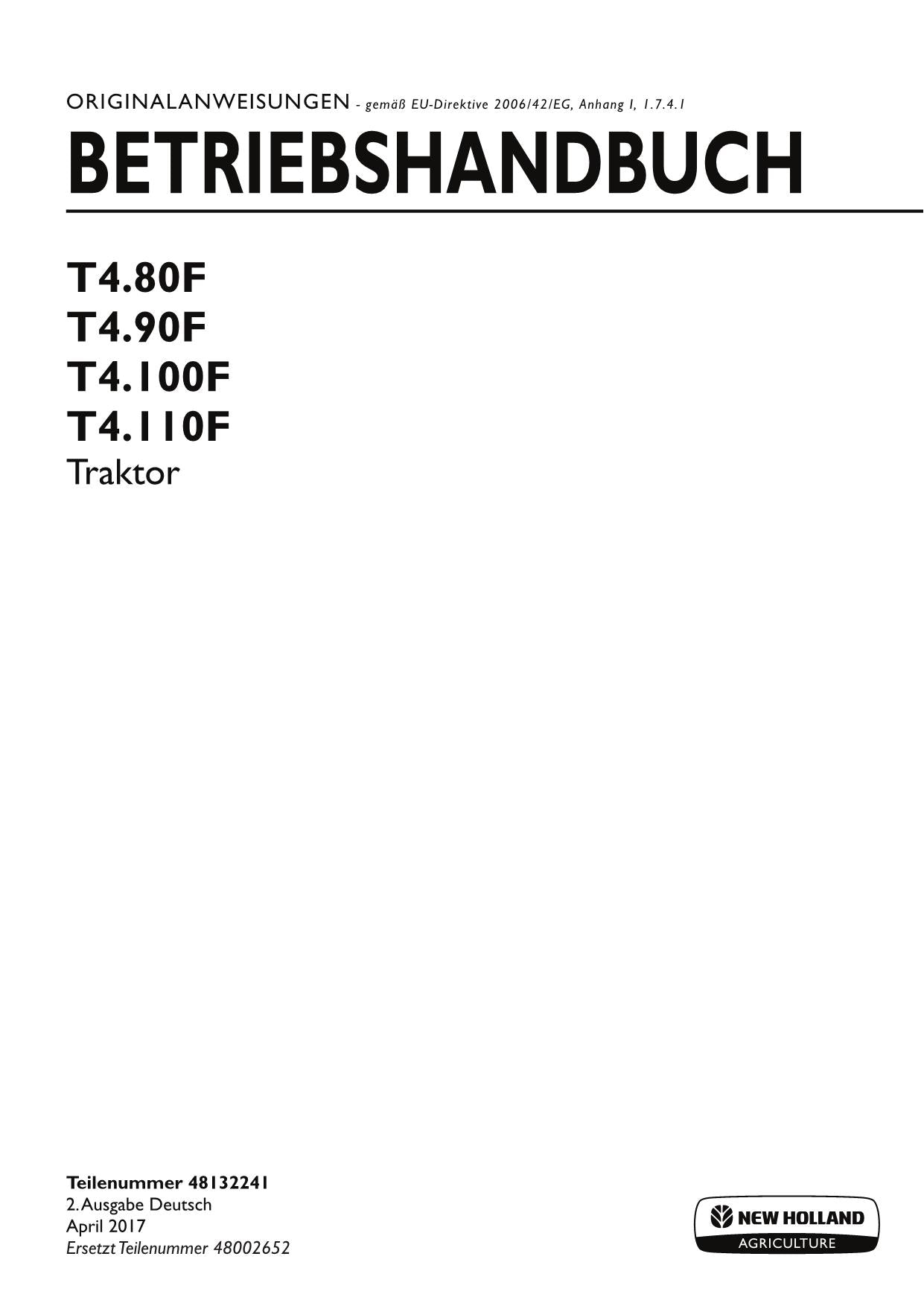 Manuel d'utilisation du tracteur New Holland T4.80F T4.90F T4.100F T4.110F