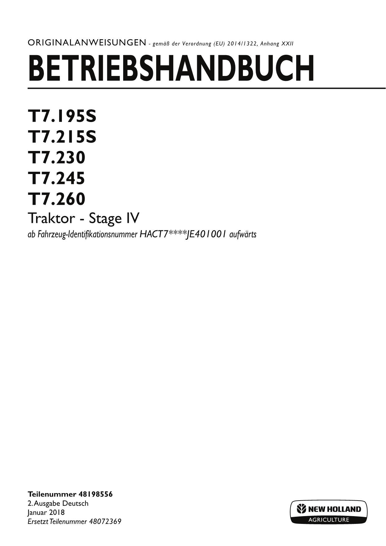 New Holland T7.195S T7.215S T7.230 T7.245 T7.260 traktor betriebsanleitung