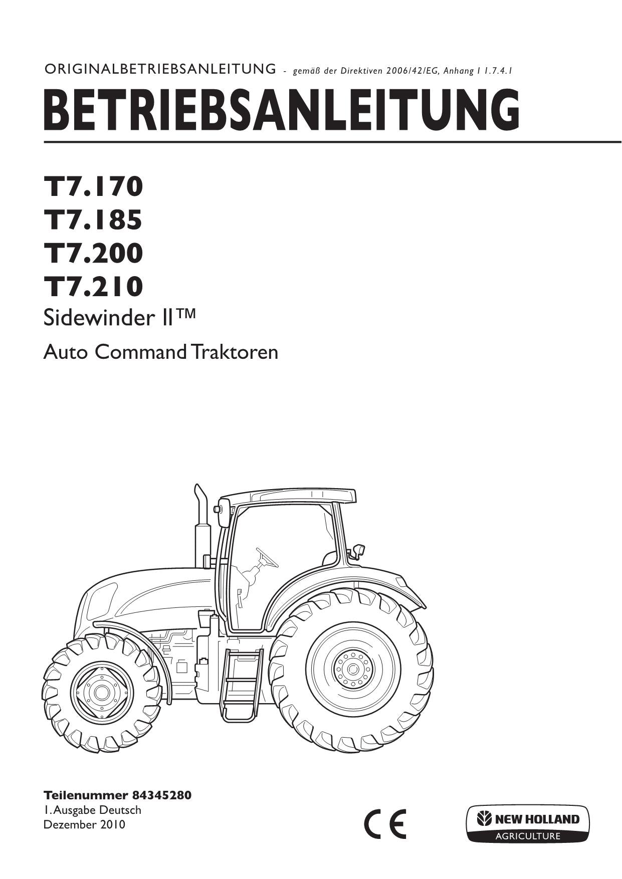 New Holland T7.170 T7.185 T7.200 T7.210 manuel d'instructions pour tracteur 84345280