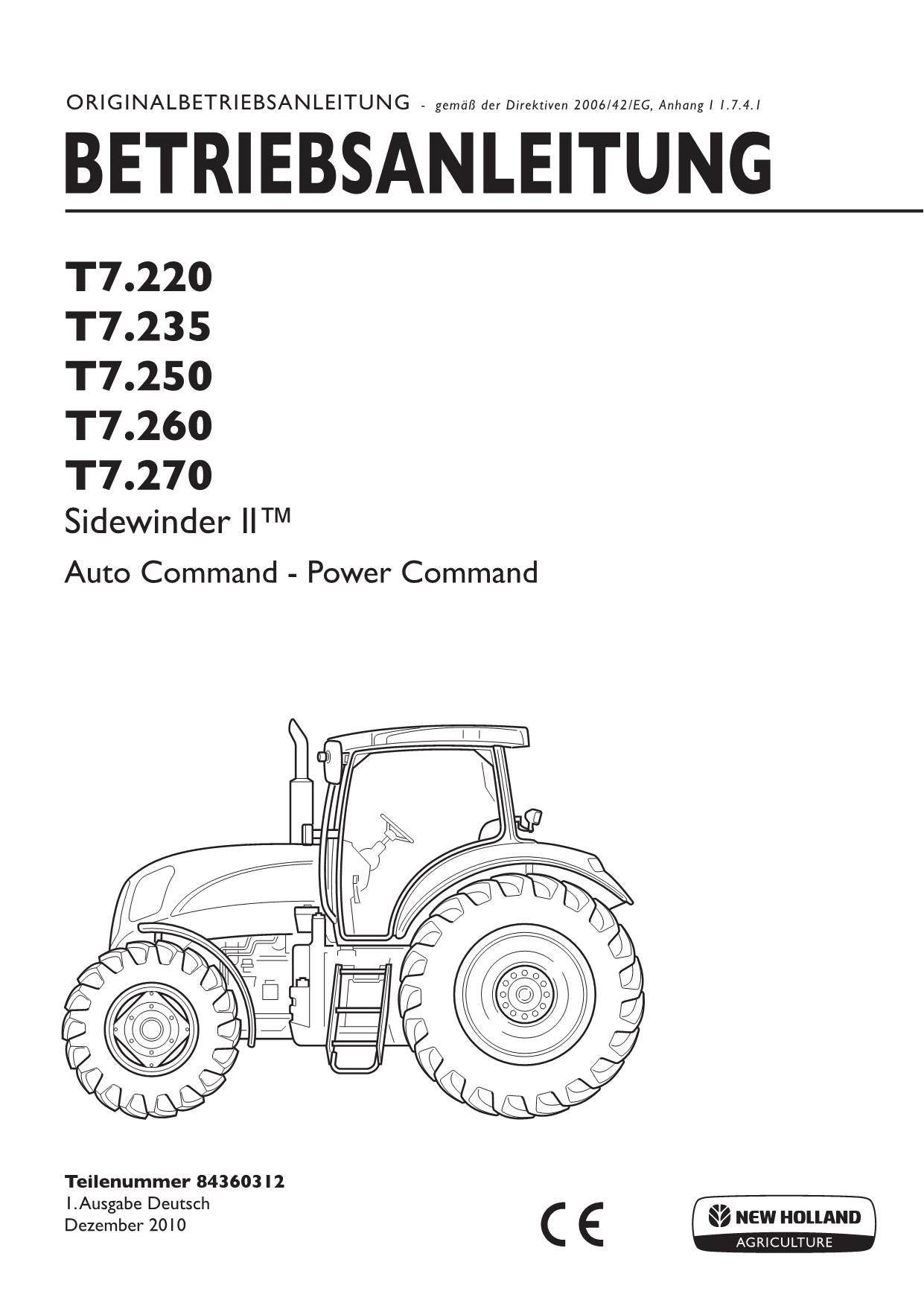 New Holland T7.220 T7.235 T7.250 T7.260 T7.270 TRAKTOR Betriebsanleitung