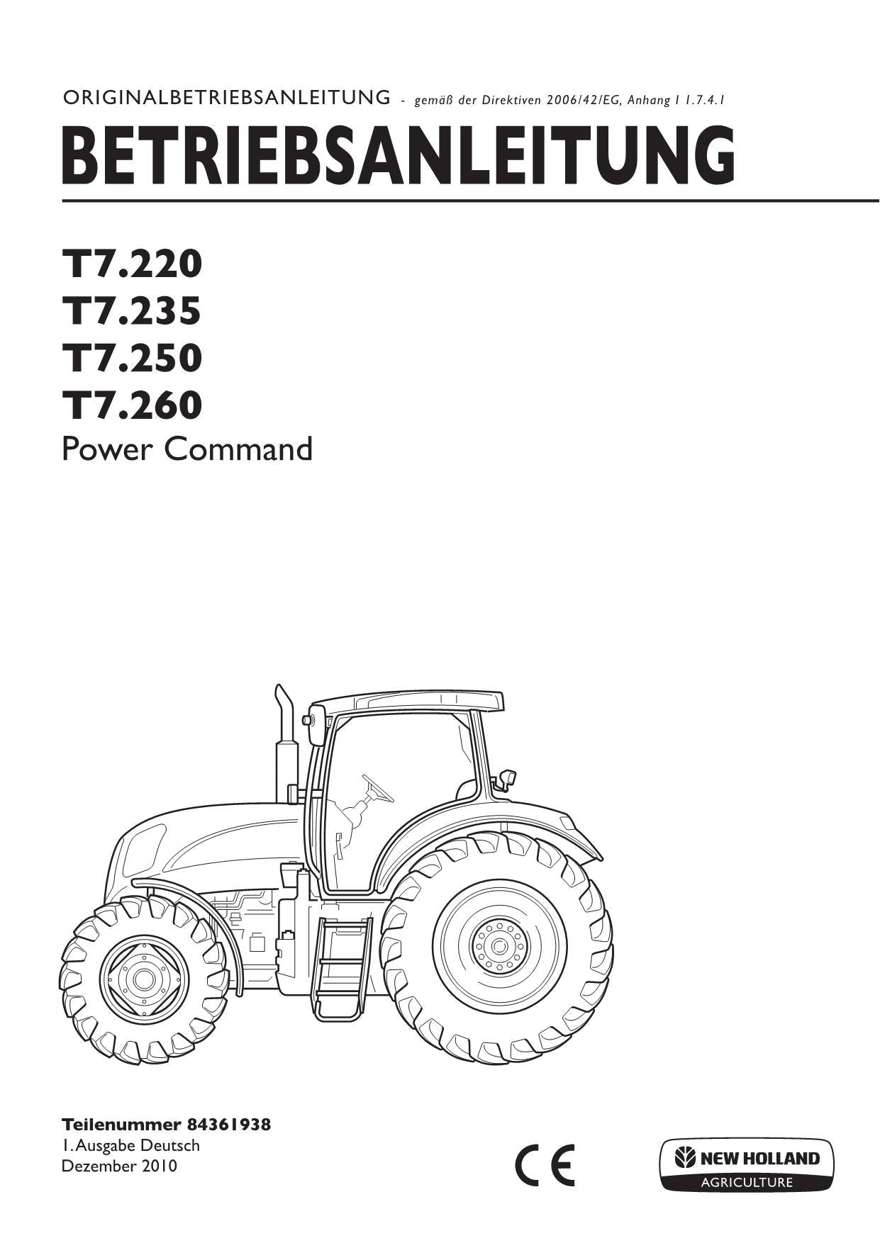 New Holland T7.220 T7.235 T7.250 T7.260 manuel d'instructions pour tracteur 84361938