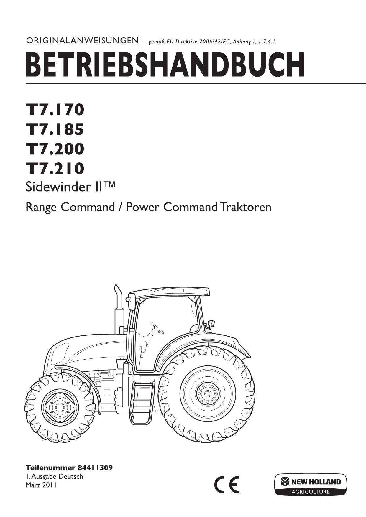 New Holland T7.170 T7.185 T7.200 T7.210 manuel d'instructions pour tracteur 84411309