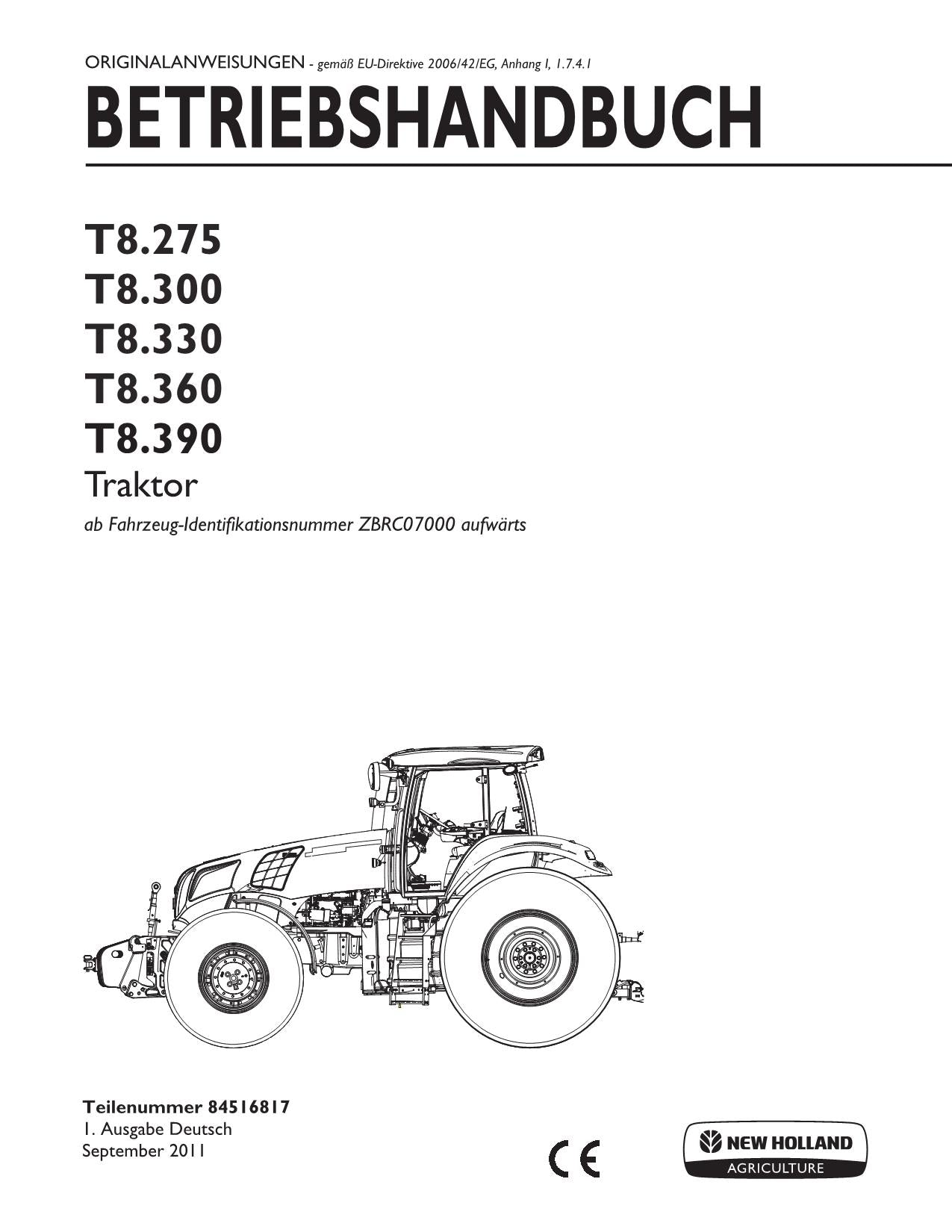 New Holland T8.275 T8.300 T8.330 T8.360 T8.390 traktor betriebsanleitung 070000-