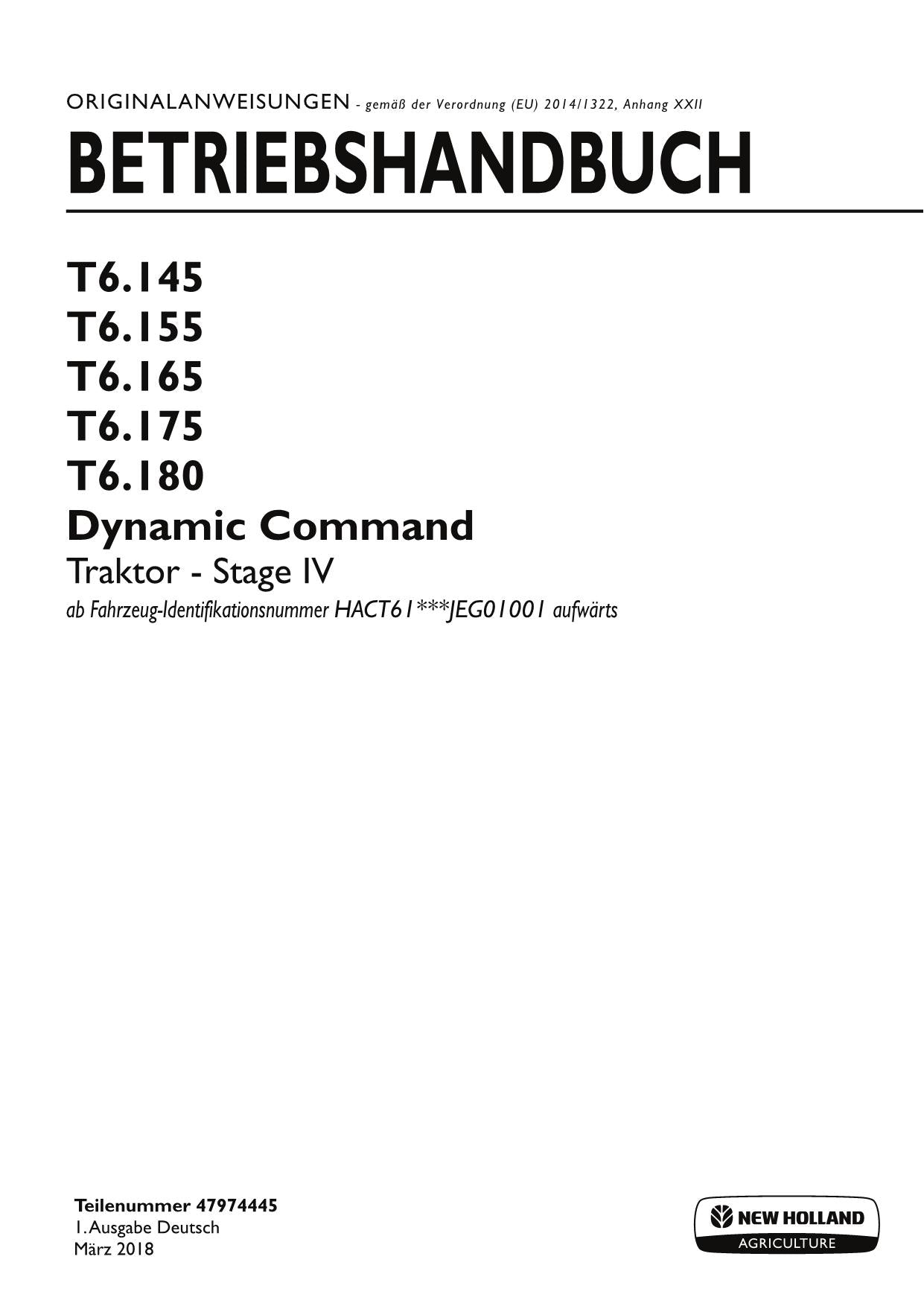 New Holland T6.145 T6.155 T6.165 T6.175 T6.180 tracteur STAGE 4 manuel d'instructions