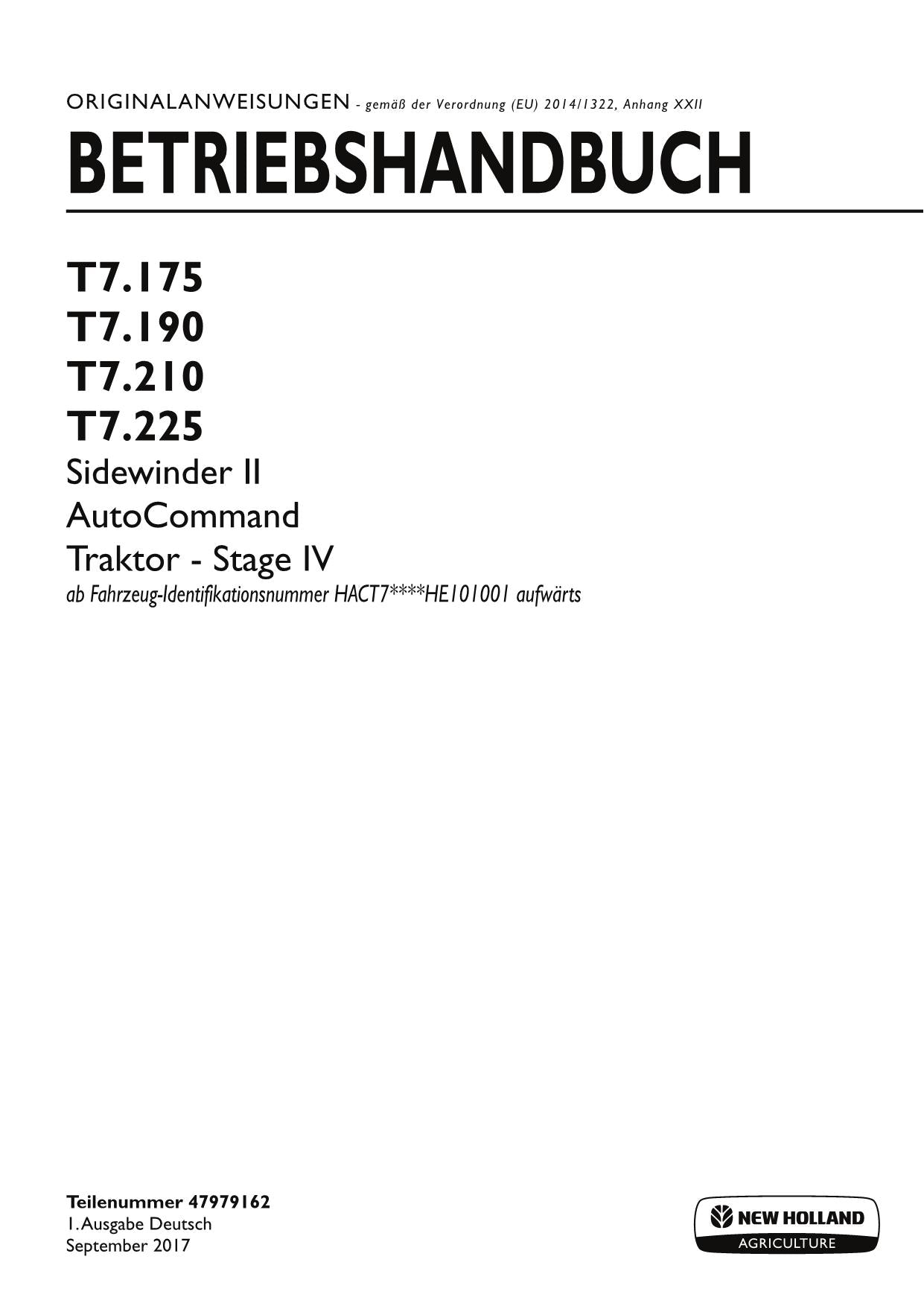 New Holland T7.175 T7.190 T7.210 T7.225 tracteur STAGE IV manuel d'instructions