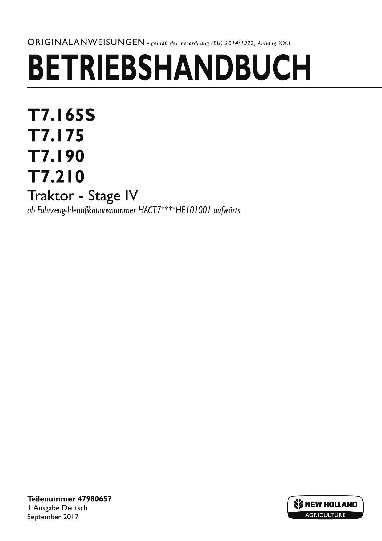 New Holland T7.165S T7.175 T7.190 T7.210 tracteur STAGE IV manuel d'instructions