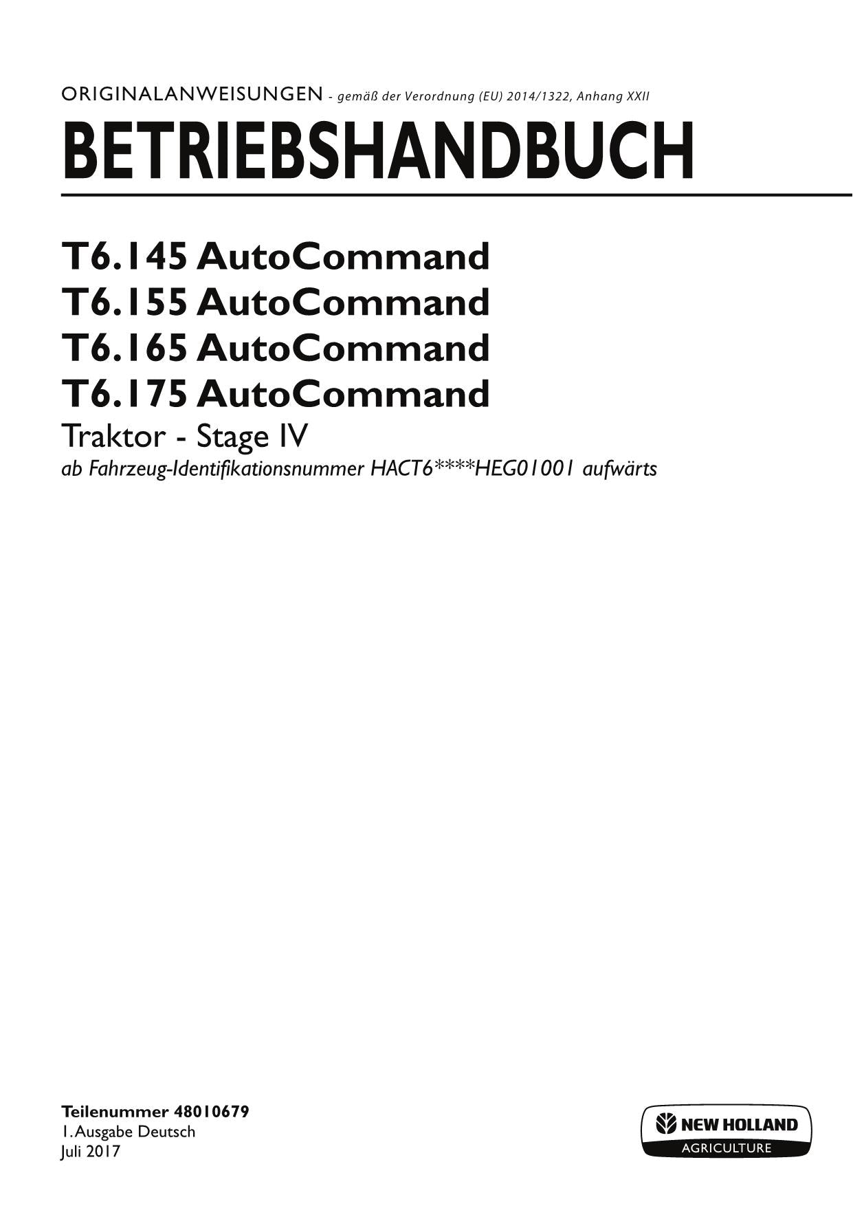 New Holland T6.145 T6.155 T6.165 T6.175 Traktor STAGE IV Betriebsanleitung