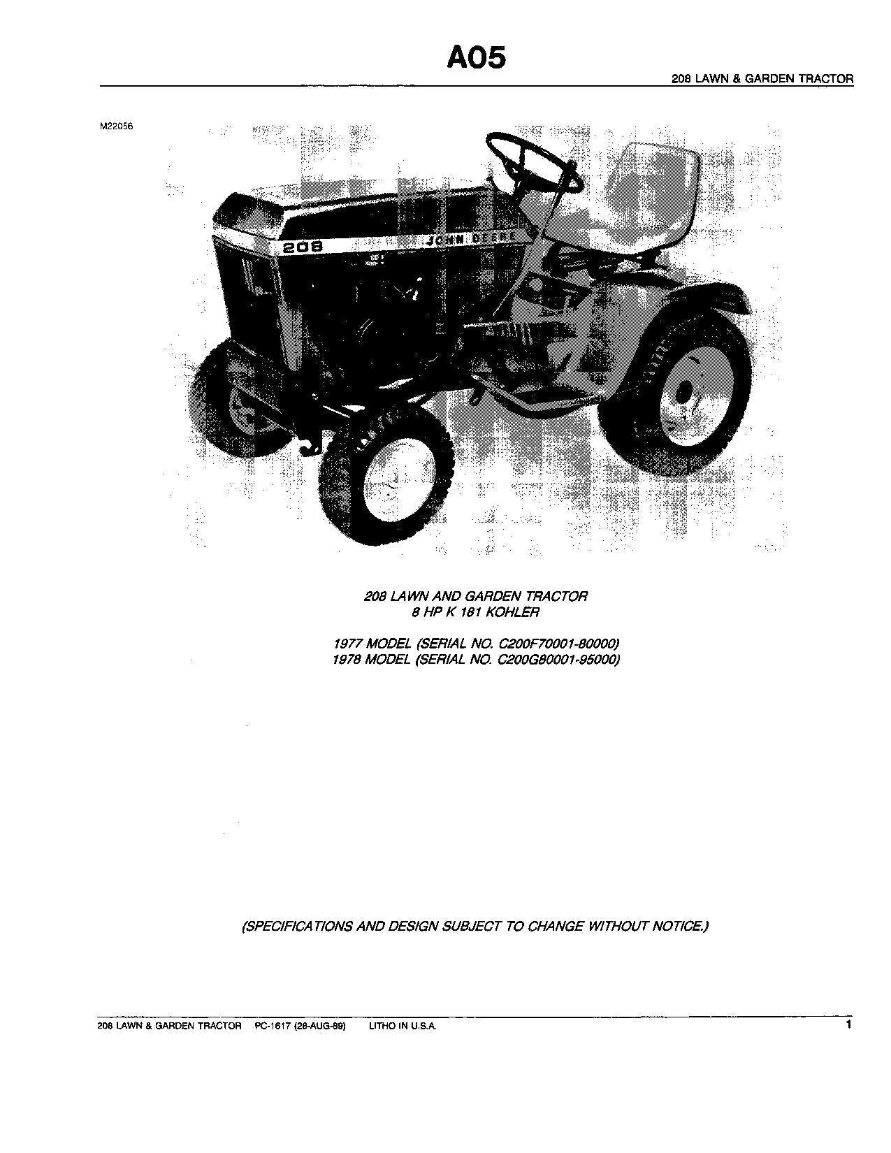 JOHN DEERE 208 TRACTOR PARTS CATALOG MANUAL