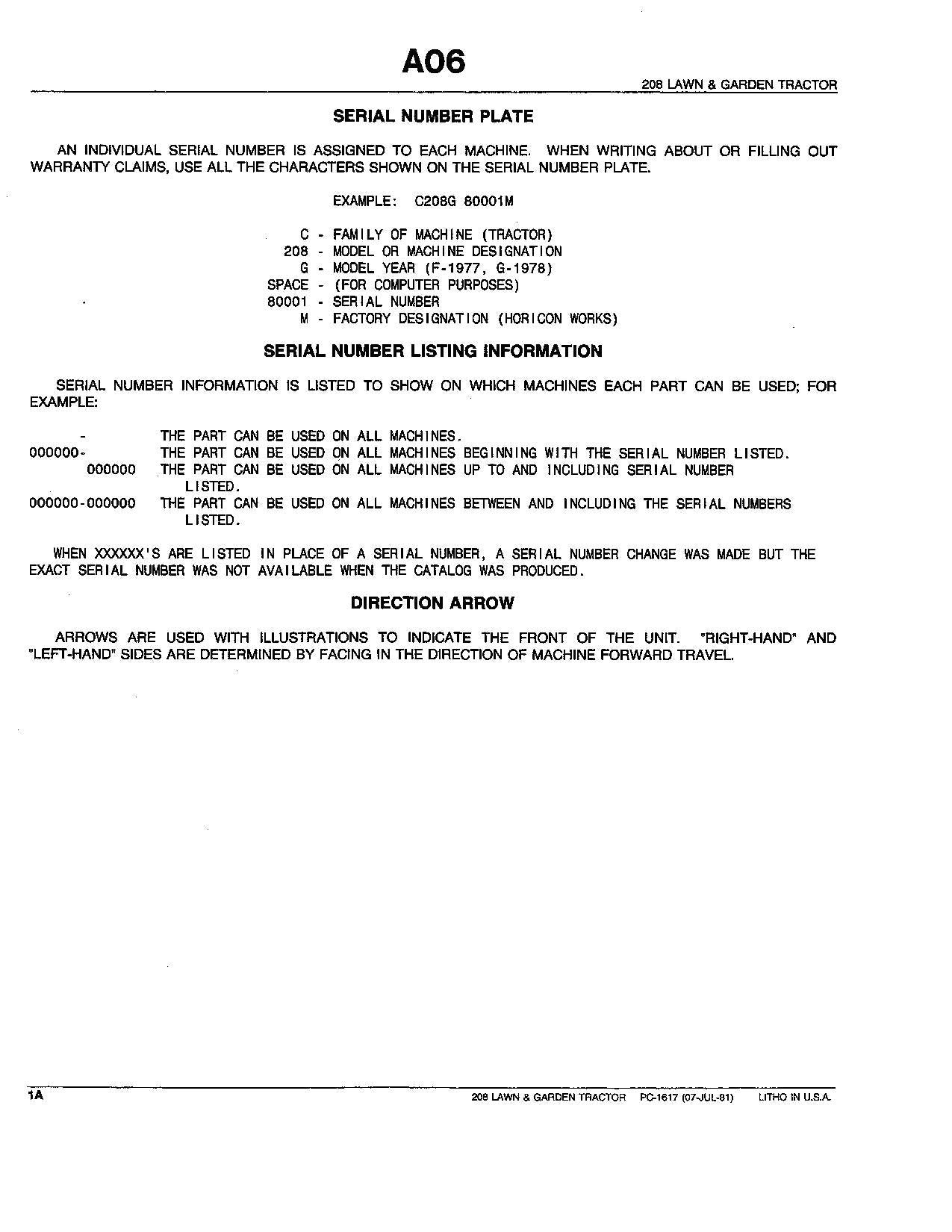 JOHN DEERE 208 TRACTOR PARTS CATALOG MANUAL