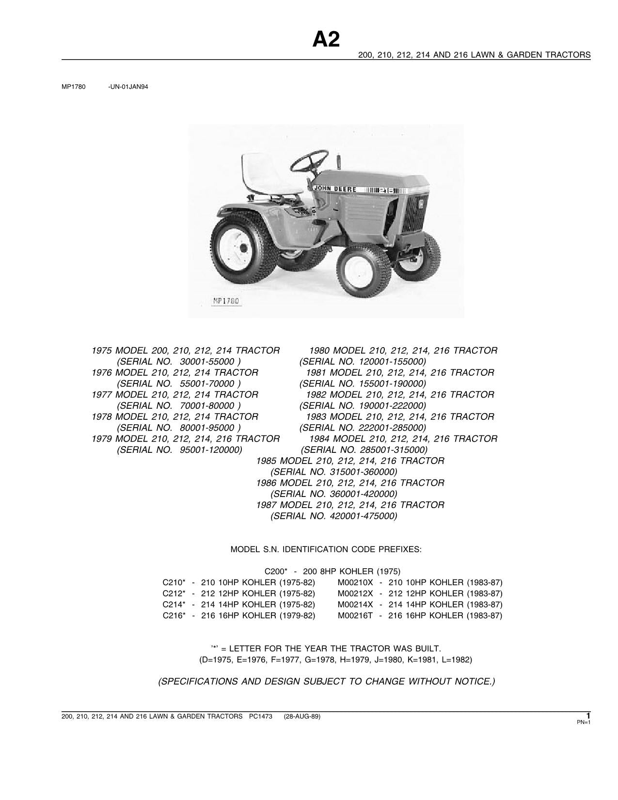 JOHN DEERE 200 210 212 214 216 TRACTOR PARTS CATALOG MANUAL