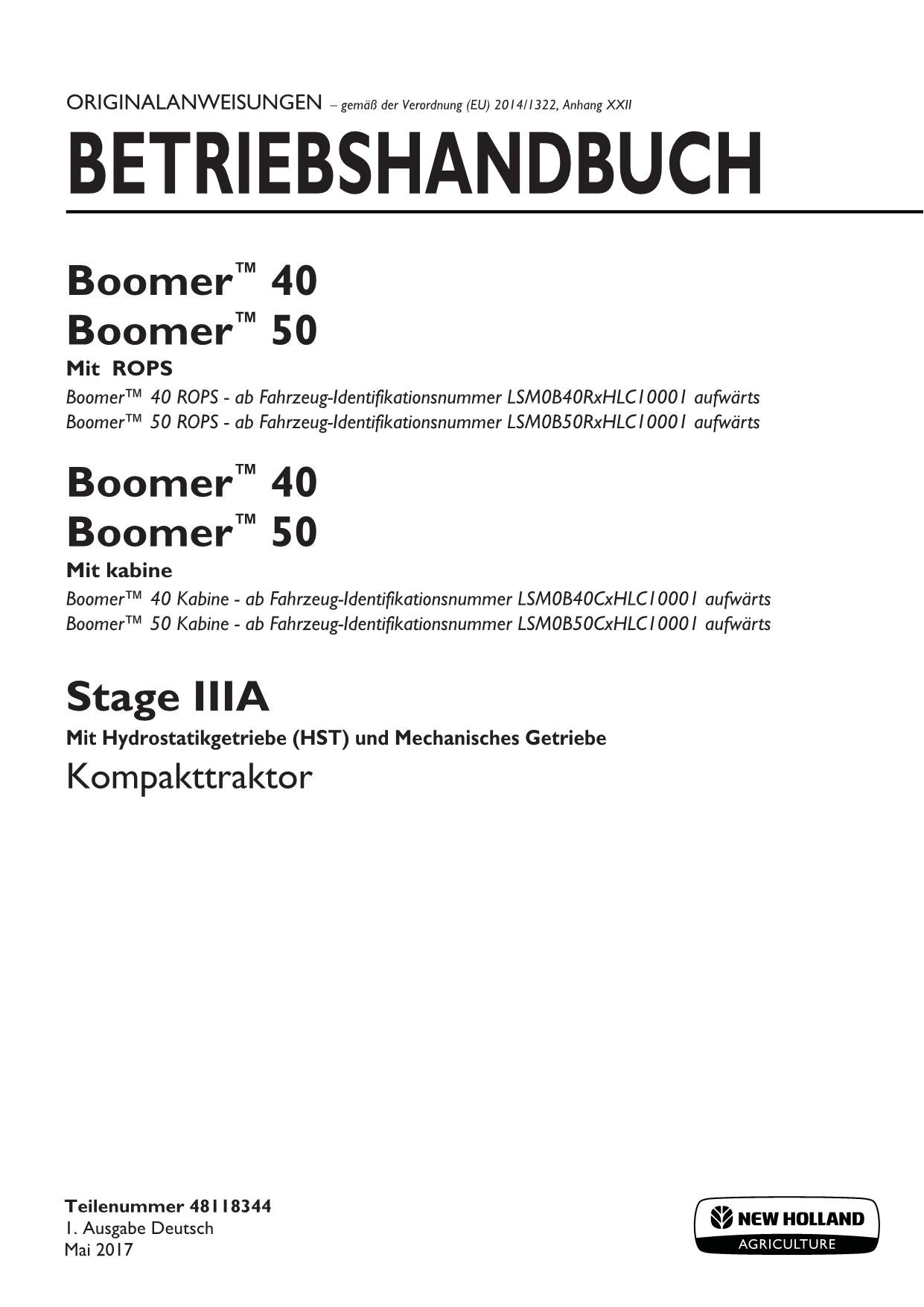 Manuel d'instructions pour tracteur New Holland BOOMER 40 50 STAGE IIIA