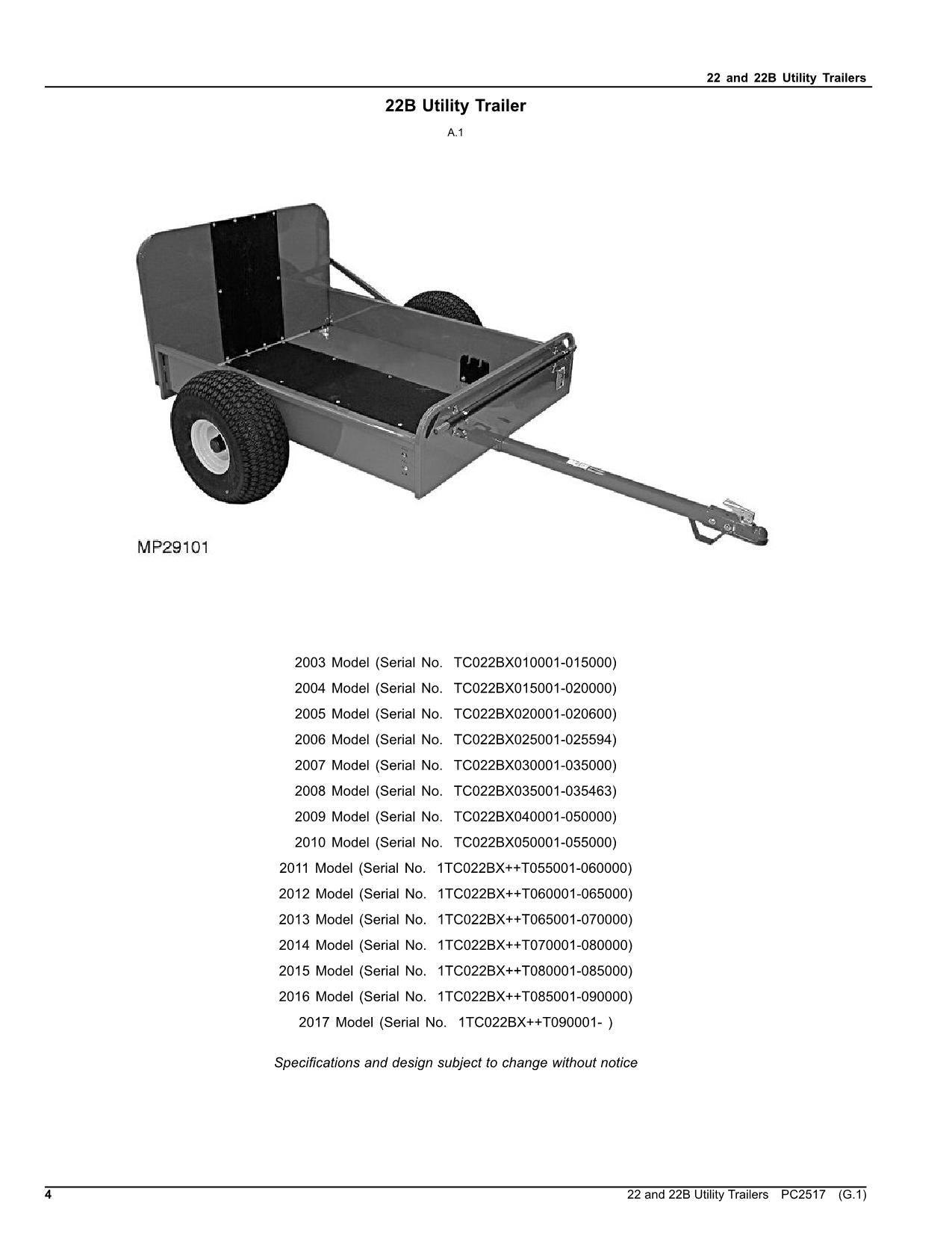 JOHN DEERE 22 22B TRACTOR PARTS CATALOG MANUAL