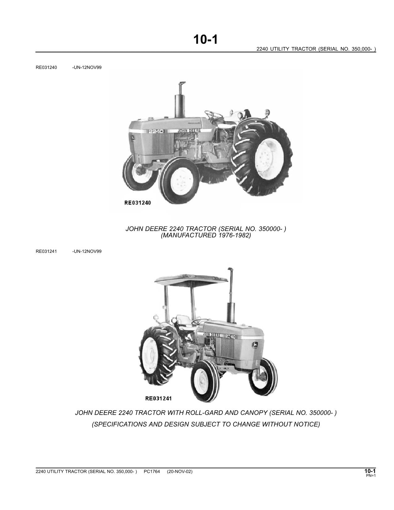 MANUEL DU CATALOGUE DES PIÈCES DU TRACTEUR JOHN DEERE 2240 #1