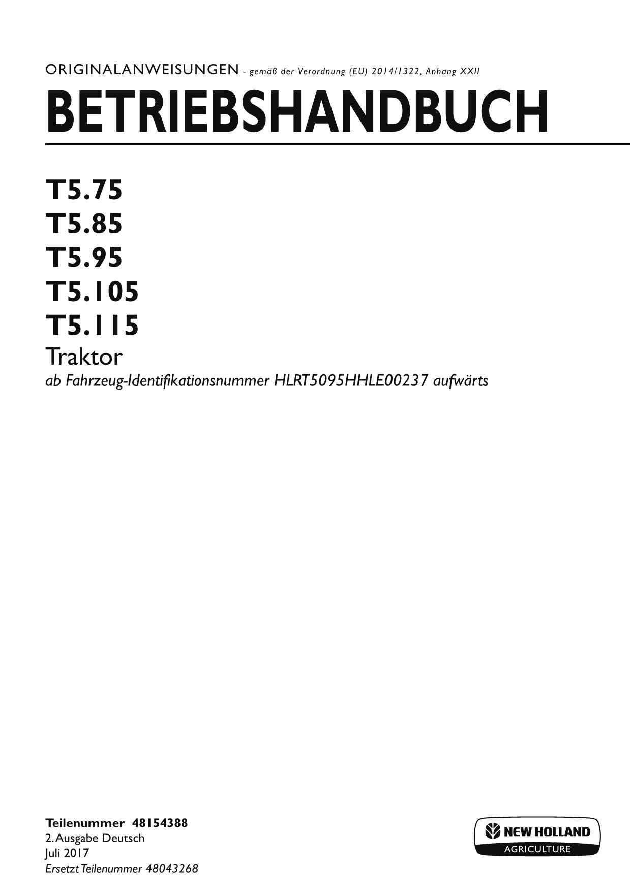 New Holland T5.75 T5.85 T5.95 T5.105 T5.115 manuel d'instructions pour tracteur