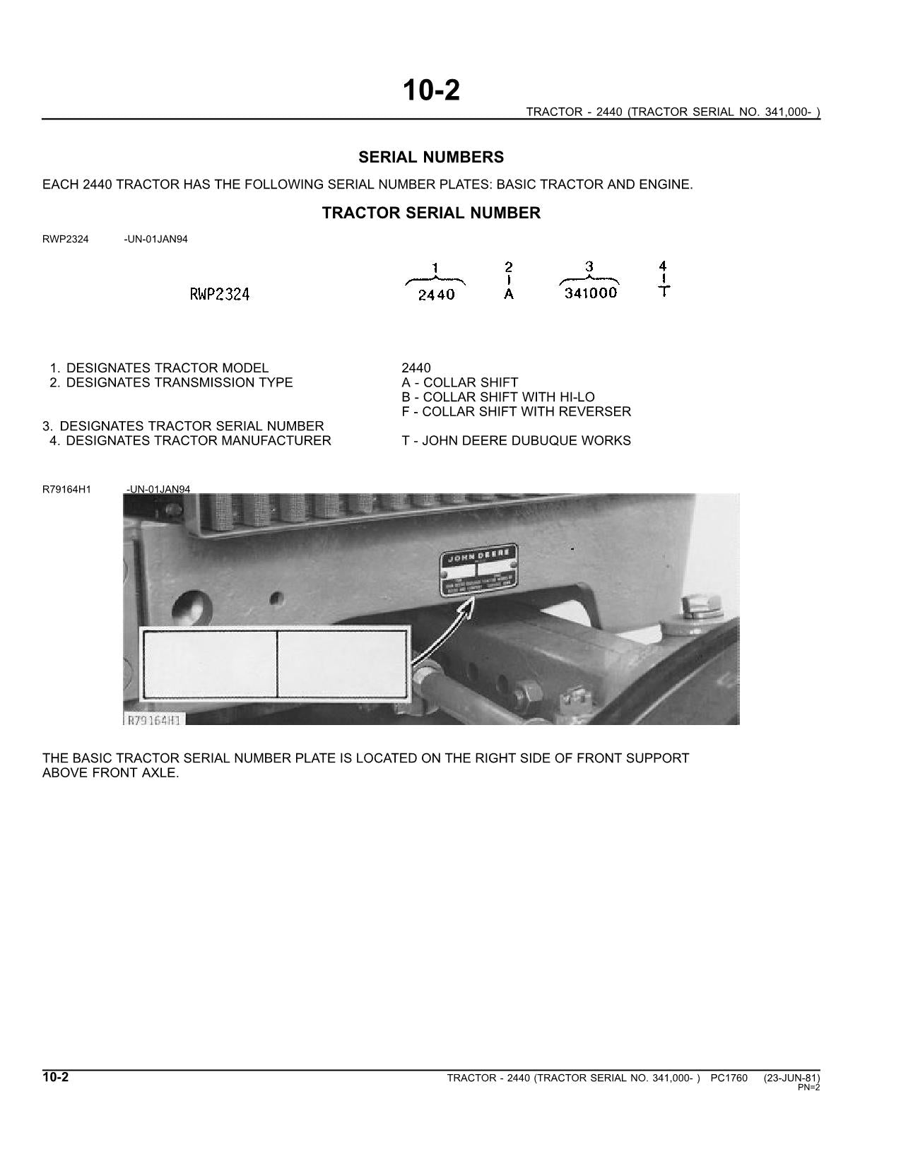 JOHN DEERE 2440 TRACTOR PARTS CATALOG MANUAL #2