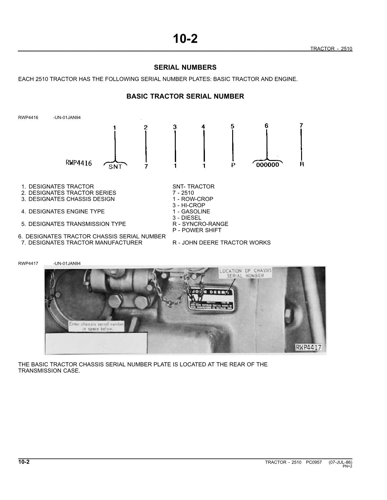 JOHN DEERE 2510 TRACTOR PARTS CATALOG MANUAL